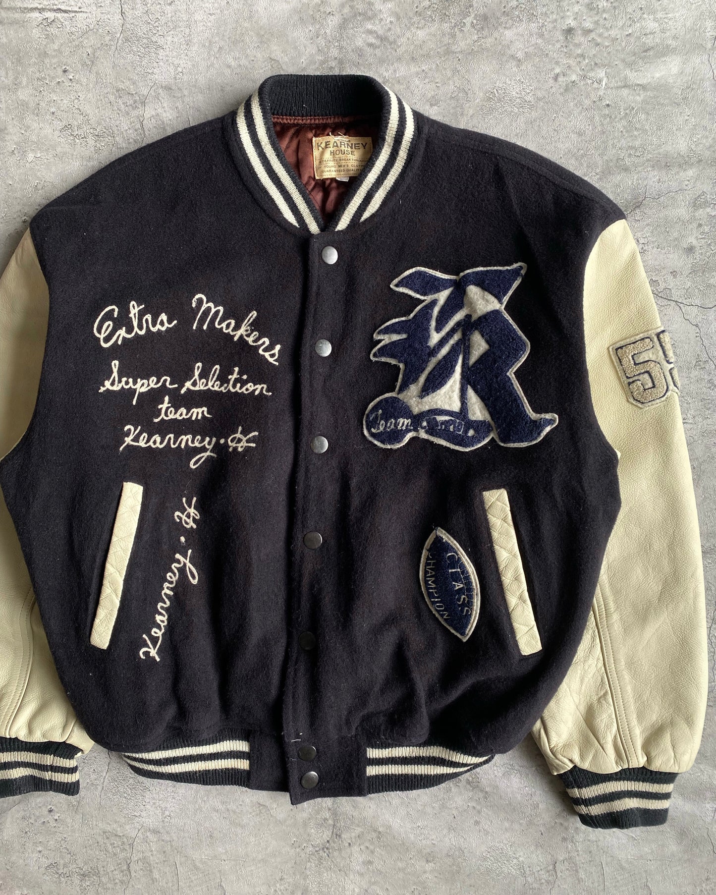 1980S 'EXTRA MAKERS' LEATHER SLEEVES VARSITY JACKET (L)