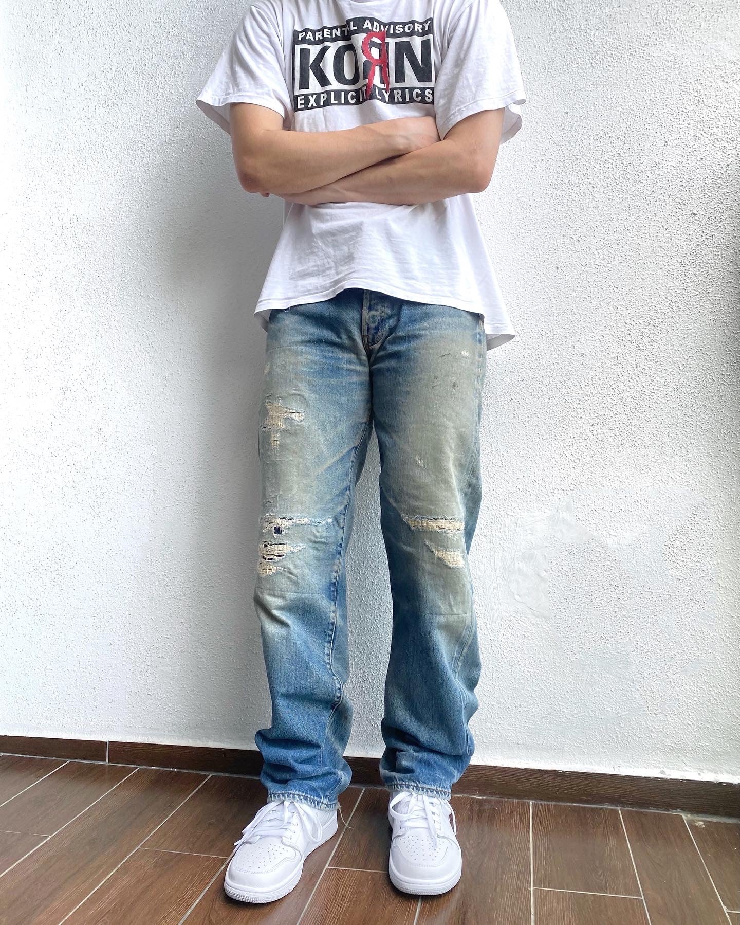 1990S MUD WASHED BIG E LEVI'S 501 REPAIRED SELVEDGE JEANS (31X36")