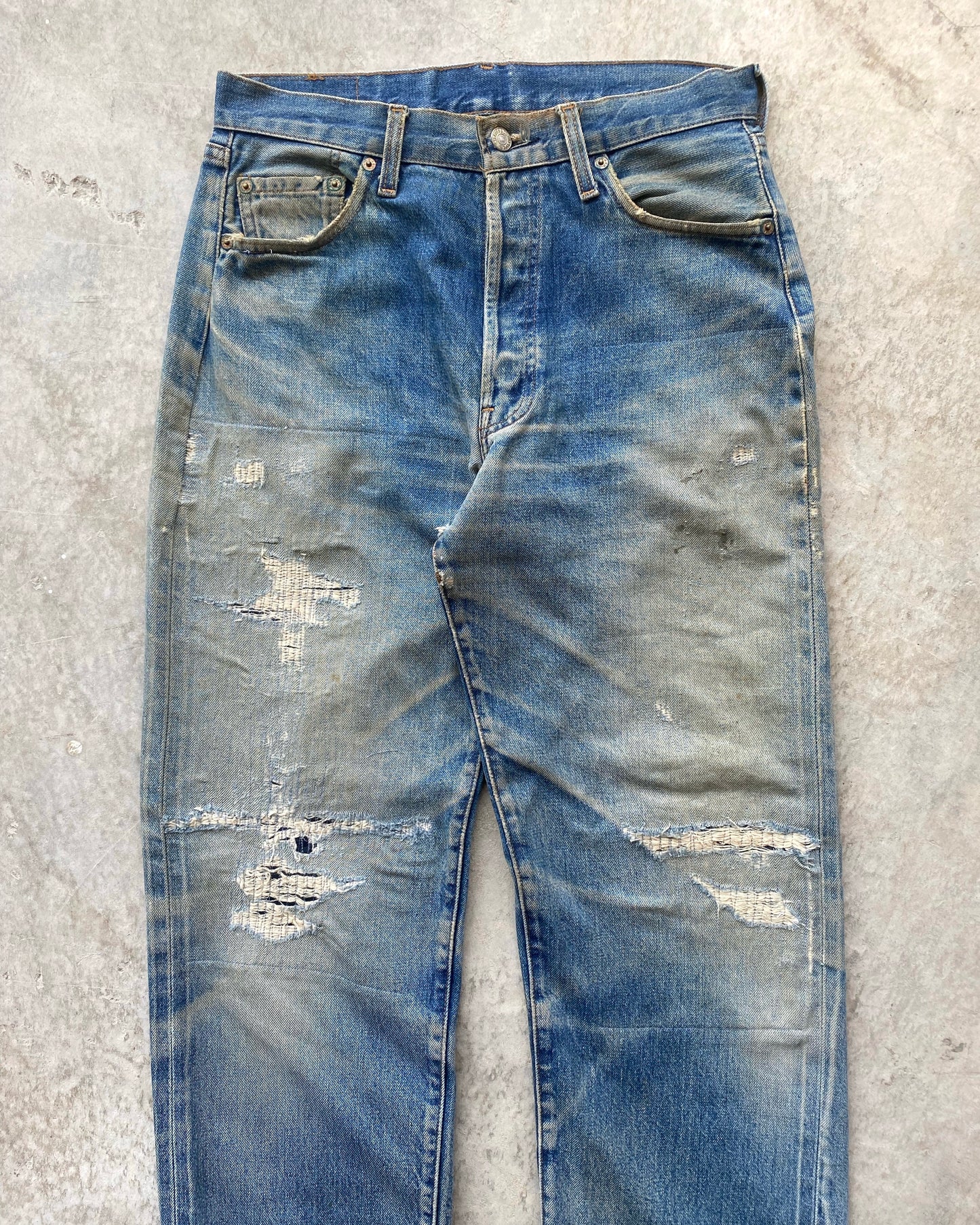 1990S MUD WASHED BIG E LEVI'S 501 REPAIRED SELVEDGE JEANS (31X36")