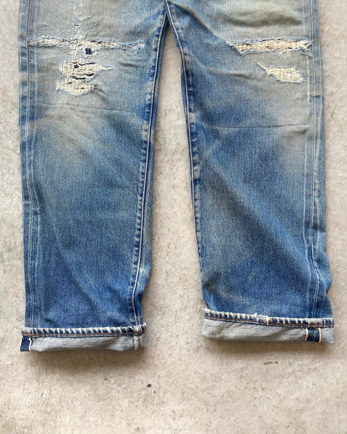1990S MUD WASHED BIG E LEVI'S 501 REPAIRED SELVEDGE JEANS (31X36")