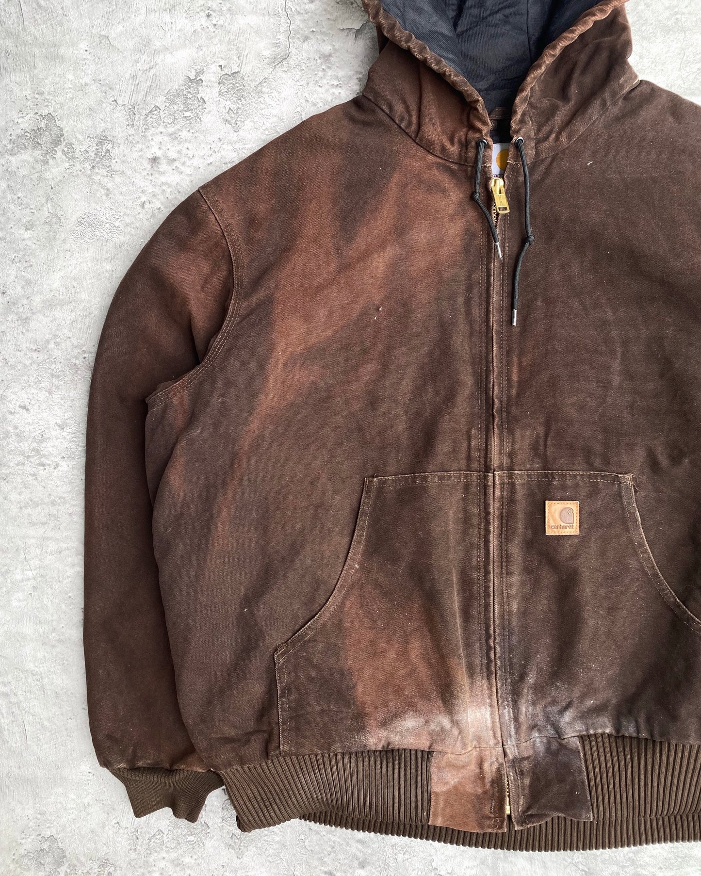 1990S SUN FADED DARK BROWN CARHARTT HOODED JACKET (XL)