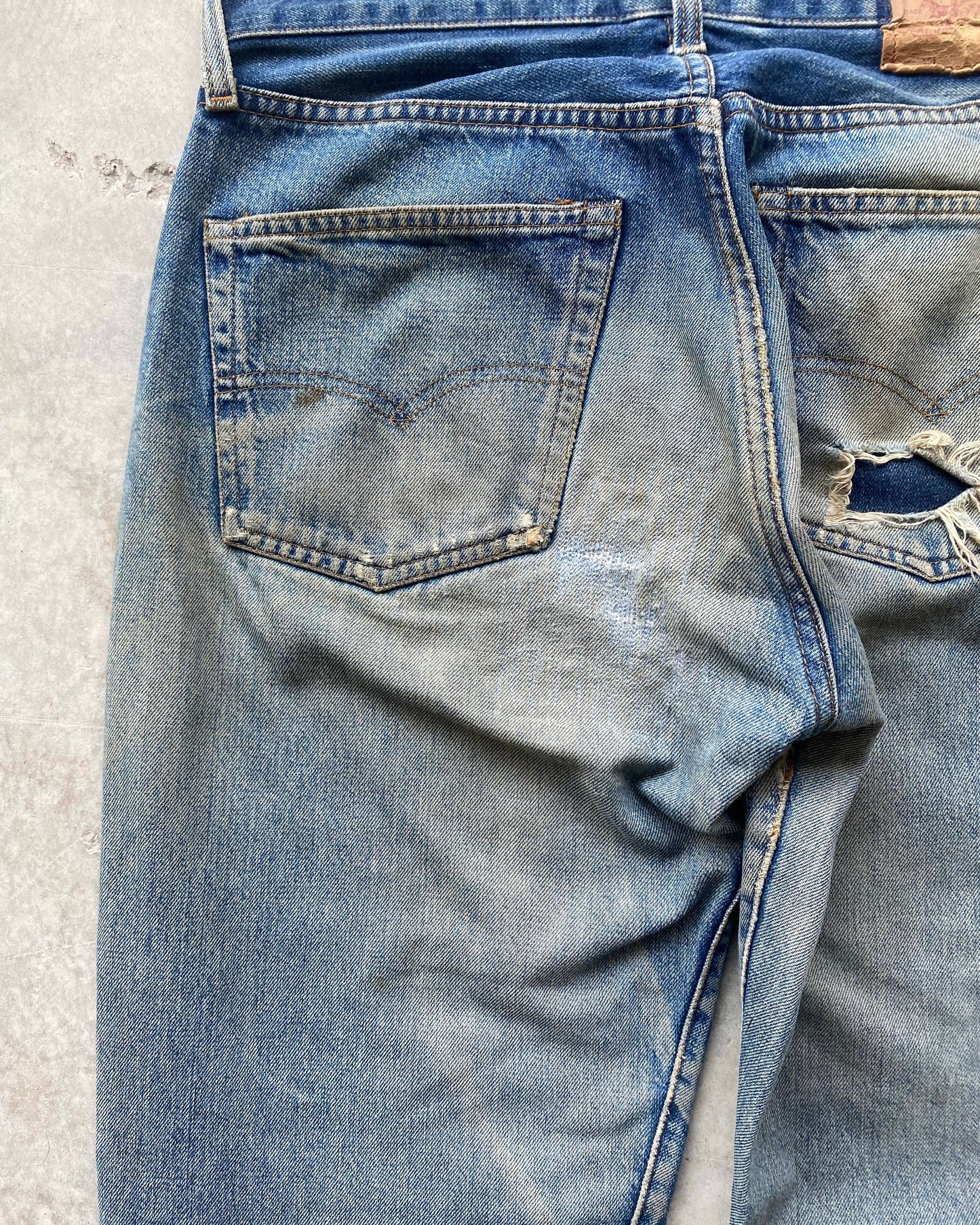 1990S MUD WASHED BIG E LEVI'S 501 REPAIRED SELVEDGE JEANS (31X36")