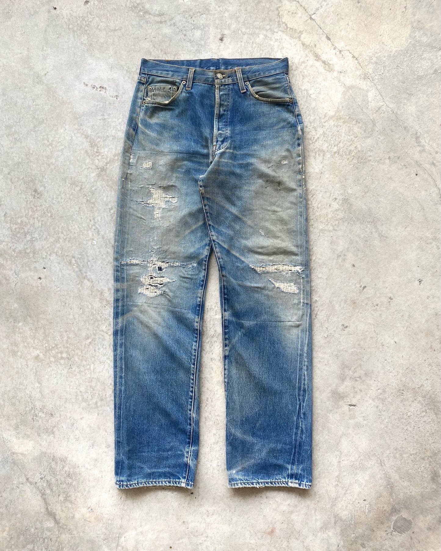 1990S MUD WASHED BIG E LEVI'S 501 REPAIRED SELVEDGE JEANS (31X36")