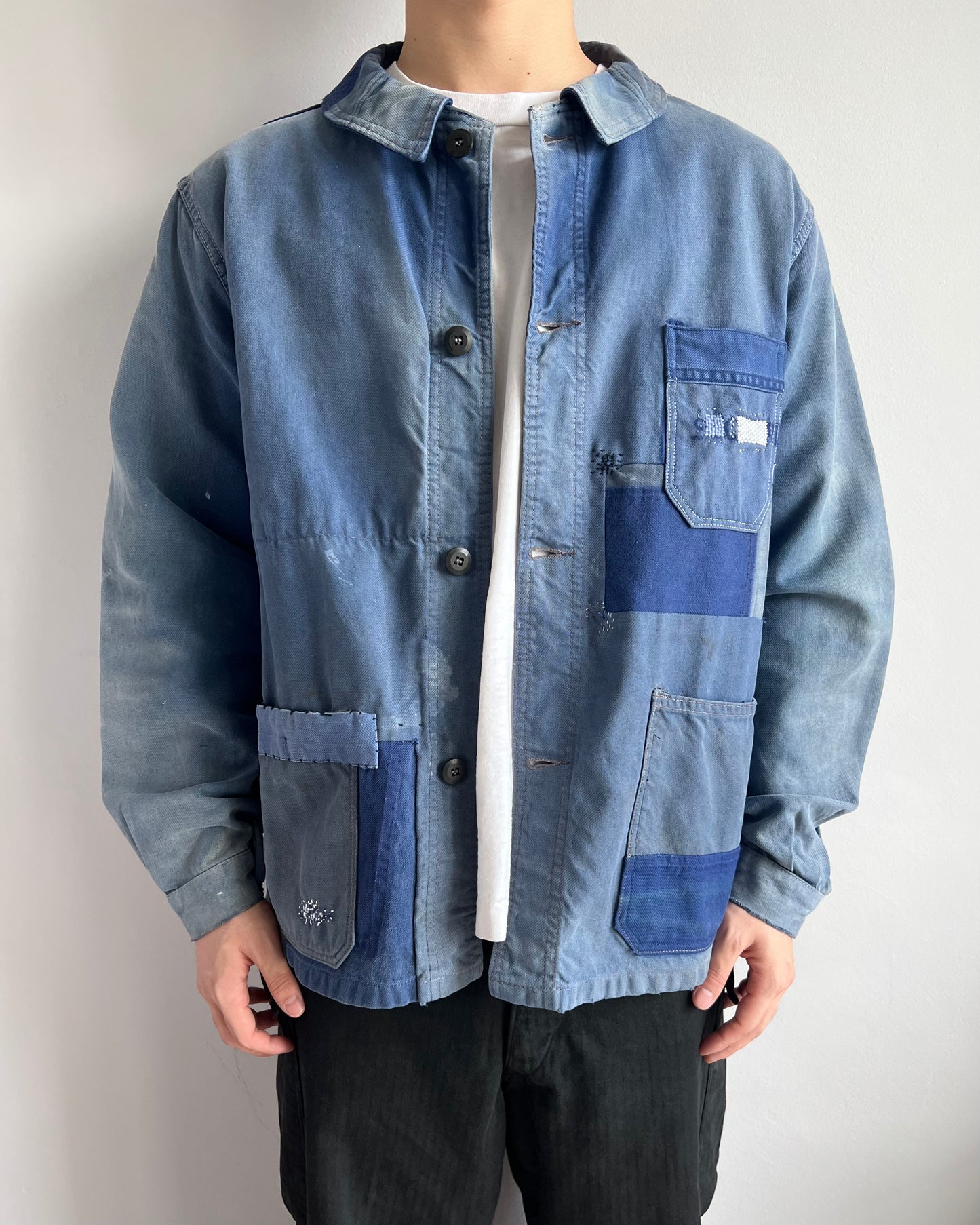 1960S SUN FADED ROUND COLLAR FRENCH PATCHED WORK JACKET (L)