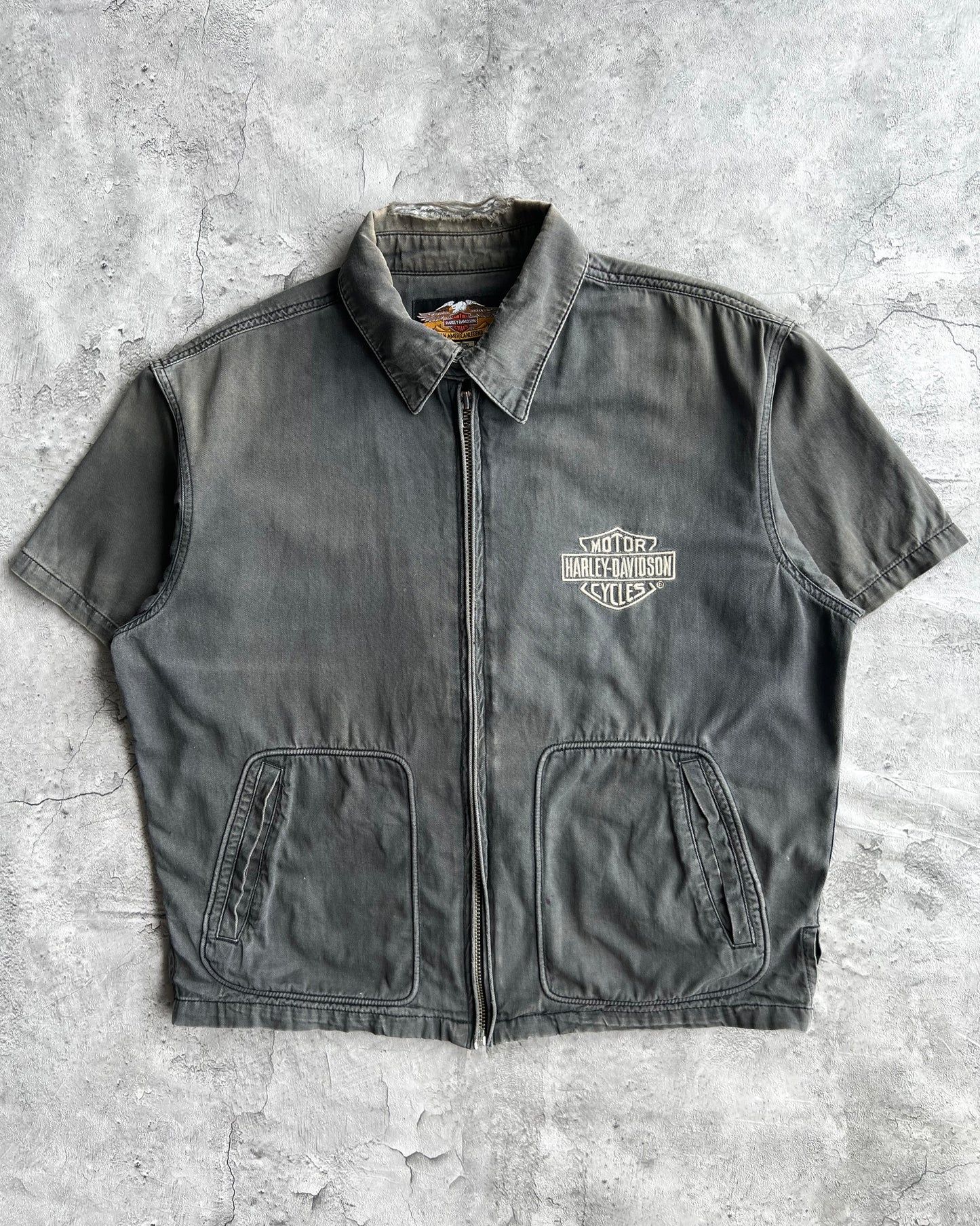 2000S FADED BLACK HARLEY DAVIDSON ZIP-UP WORK SHIRT (L)