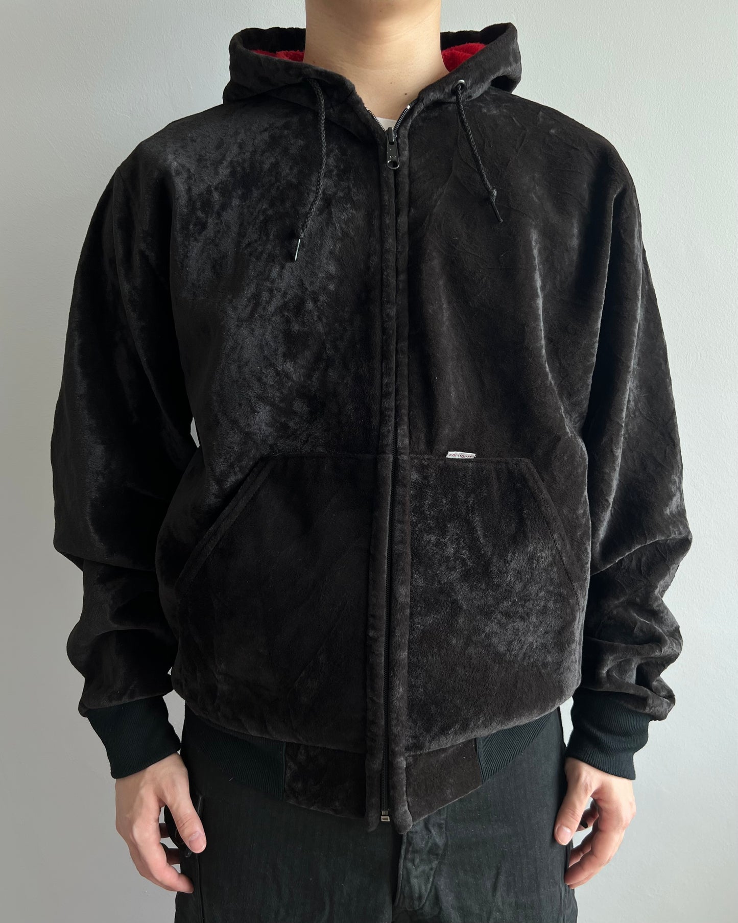1990S BLACK CARHARTT VELOUR ZIP-UP HOODED SWEATSHIRT (L)