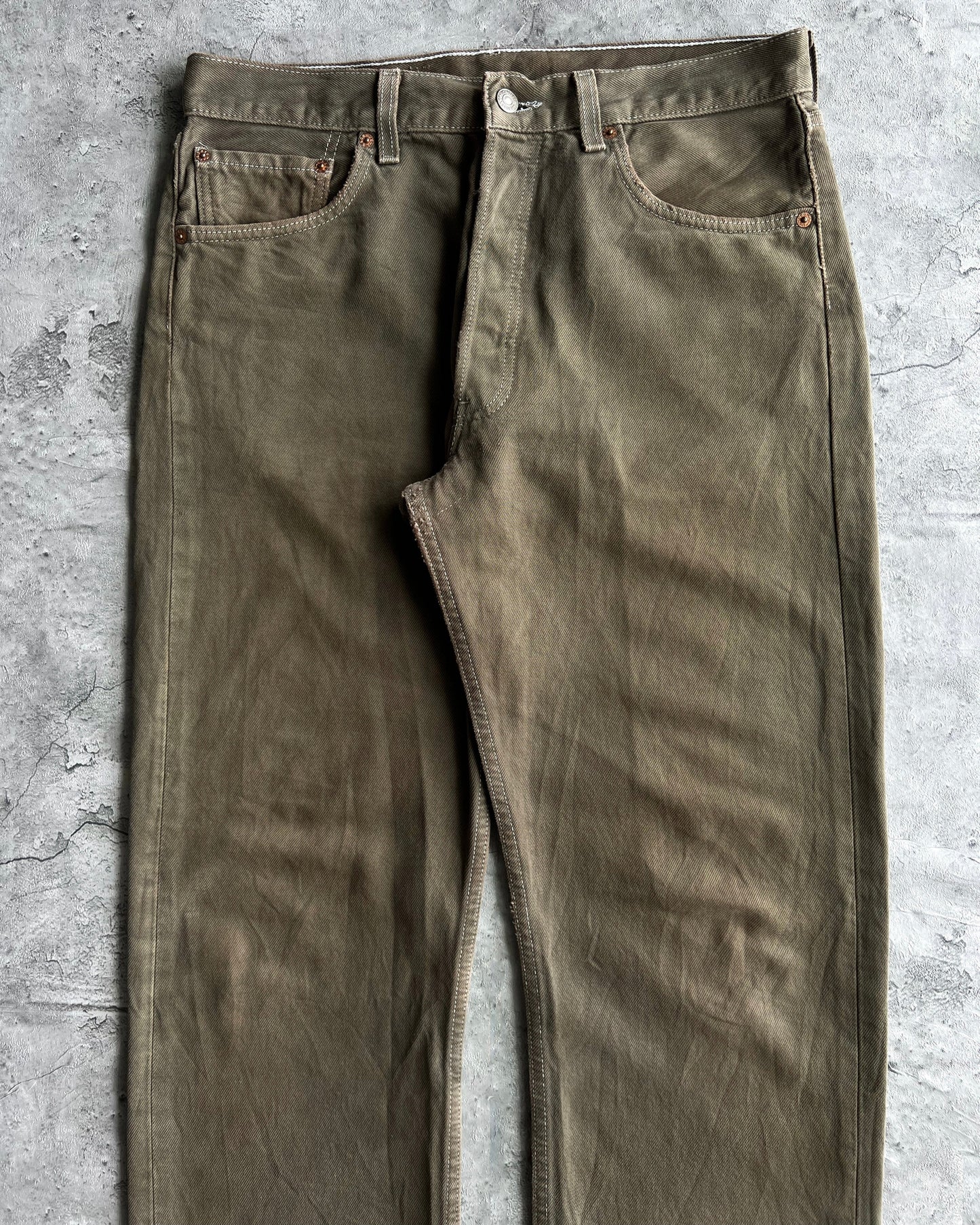 1990S MUD BROWN/GREEN LEVI'S 501 JEANS (33X34)