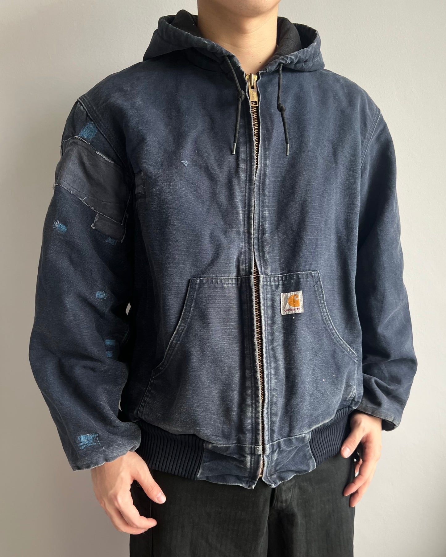 1990S BLUE REPAIRED CARHARTT HOODED WORK JACKET (M)