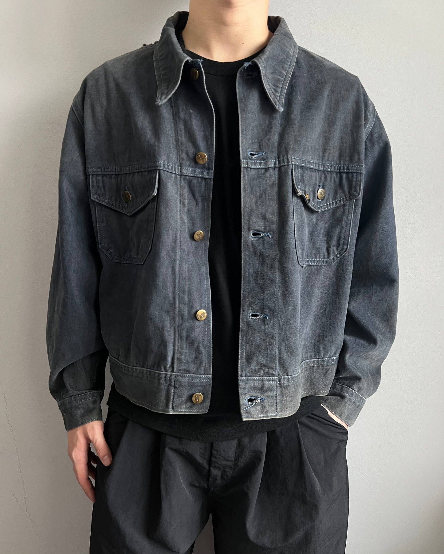 1970S LEE MOLESKIN GREY/BLUE DOUBLE POCKET JACKET (XL)