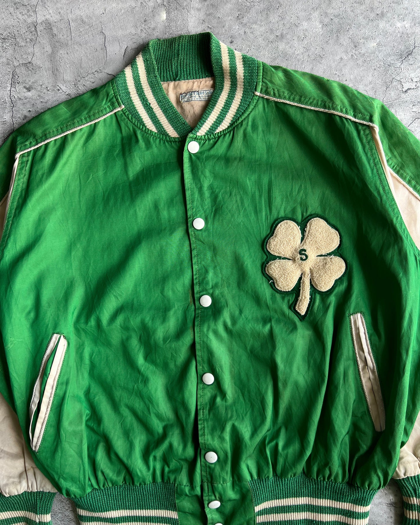 1950S GREEN SATIN FOUR LEAFS VARSITY JACKET (L)