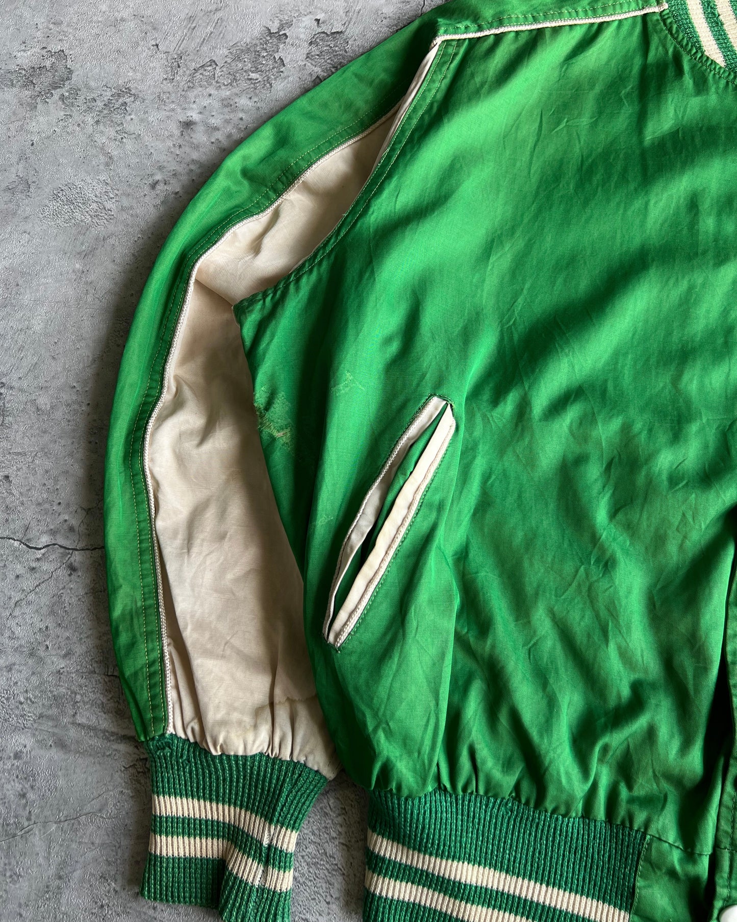 1950S GREEN SATIN FOUR LEAFS VARSITY JACKET (L)