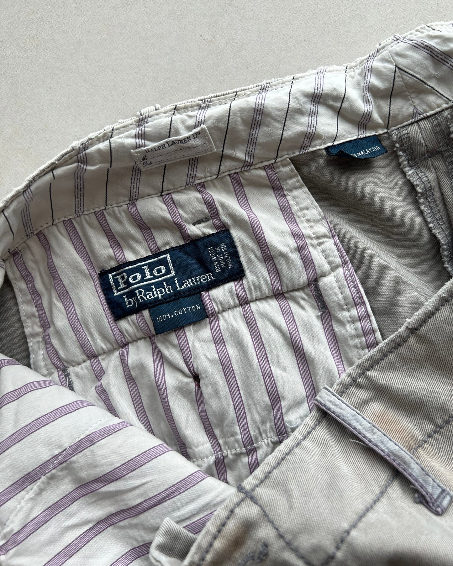 1990S BEIGE RALPH LAUREN REPAIRED TROUSERS (36X34)