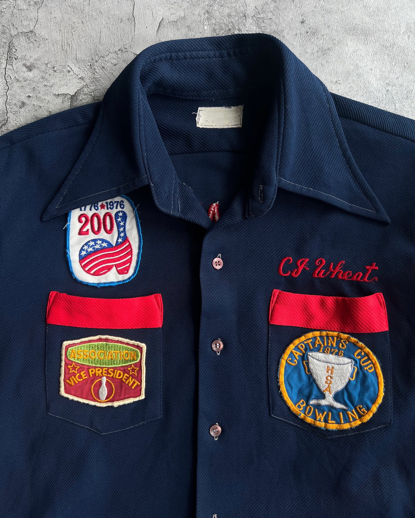 1970S MULTI-PATCHES 'CAPTAIN CUPS' BOWLING SHIRT (M)