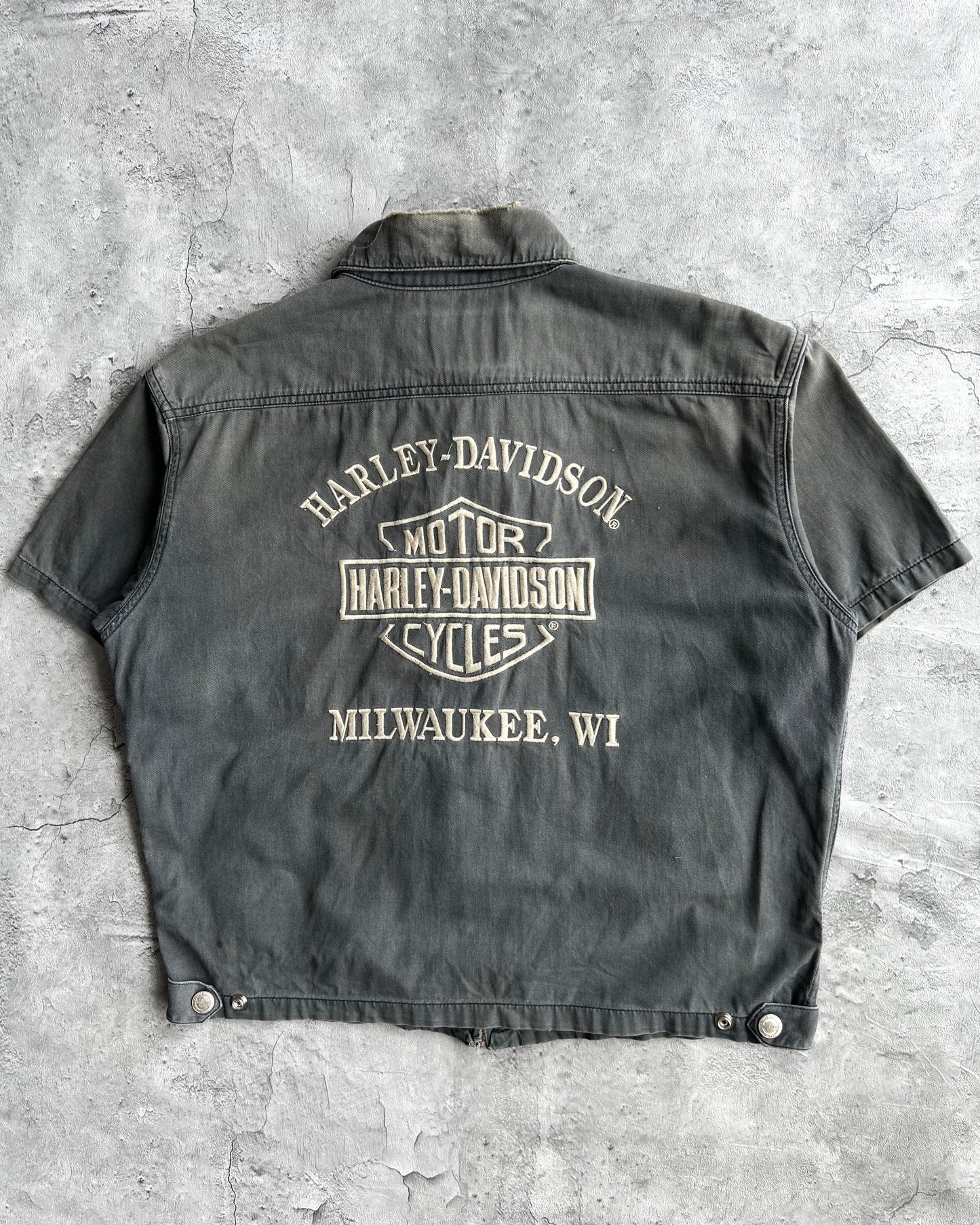 2000S FADED BLACK HARLEY DAVIDSON ZIP-UP WORK SHIRT (L)