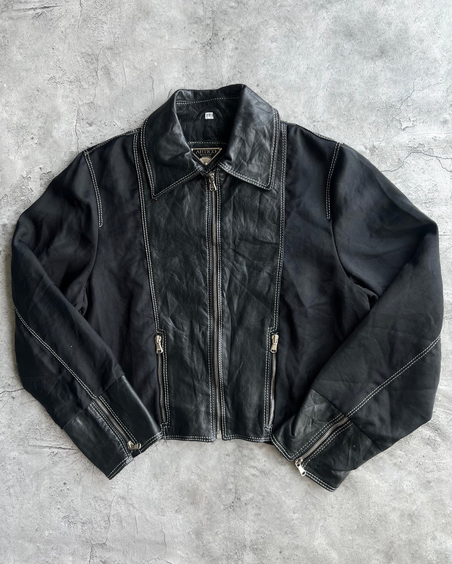 1990S ARTICO LEATHER MULTI-PANEL ZIP-UP CROPPED JACKET (M)