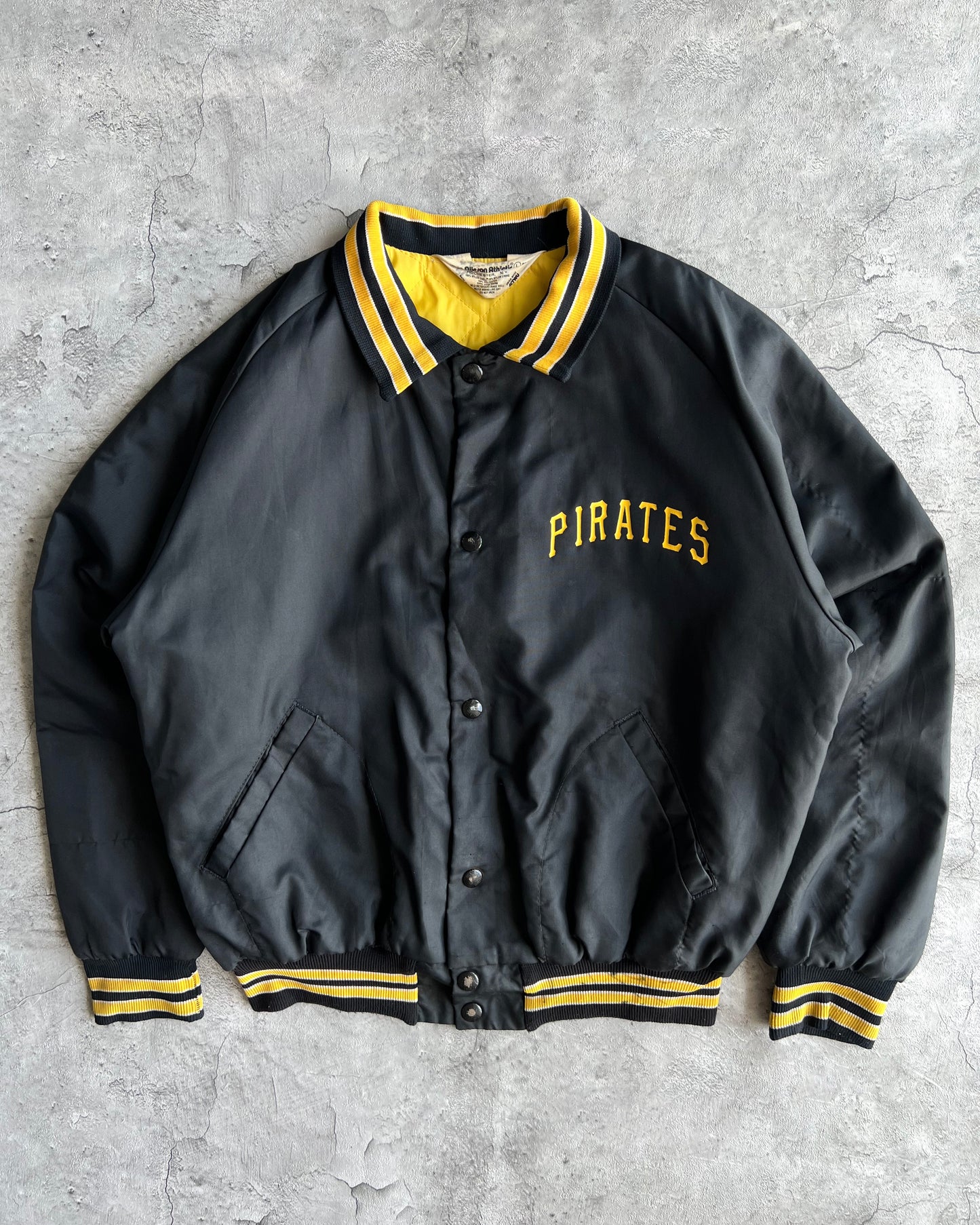 1970S BLACK 'PIRATES' RAGLAN VARSITY JACKET (L)