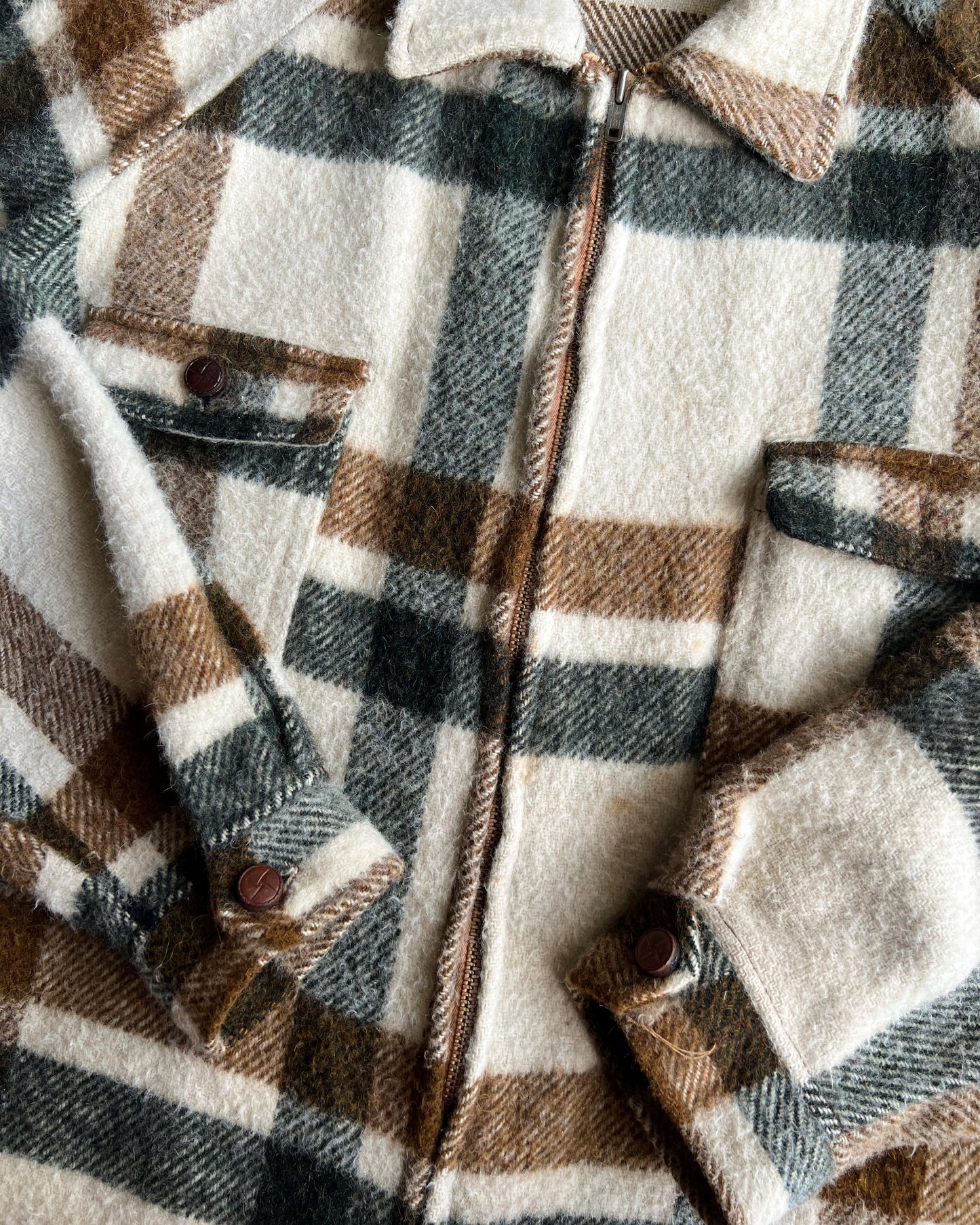 1960S WOOL PLAID ZIP-UP RAGLAN FLANNEL (L)