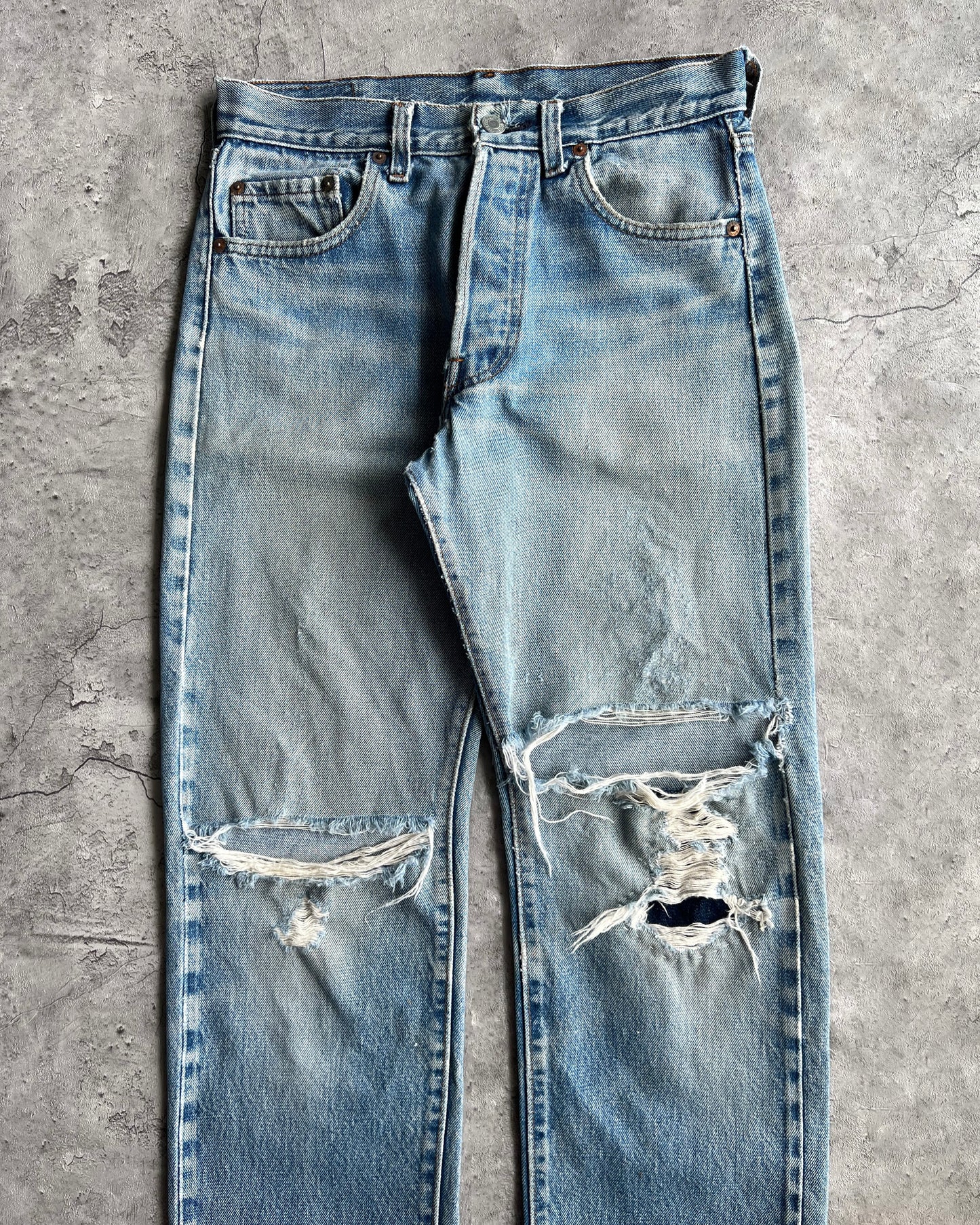 1980S FADED WASHED LEVI'S 501 REDLINE SELEVEDGE DISTRESSED JEANS (29X31)