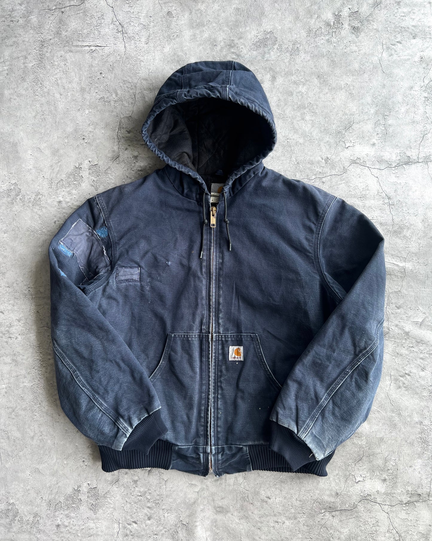 1990S BLUE REPAIRED CARHARTT HOODED WORK JACKET (M)