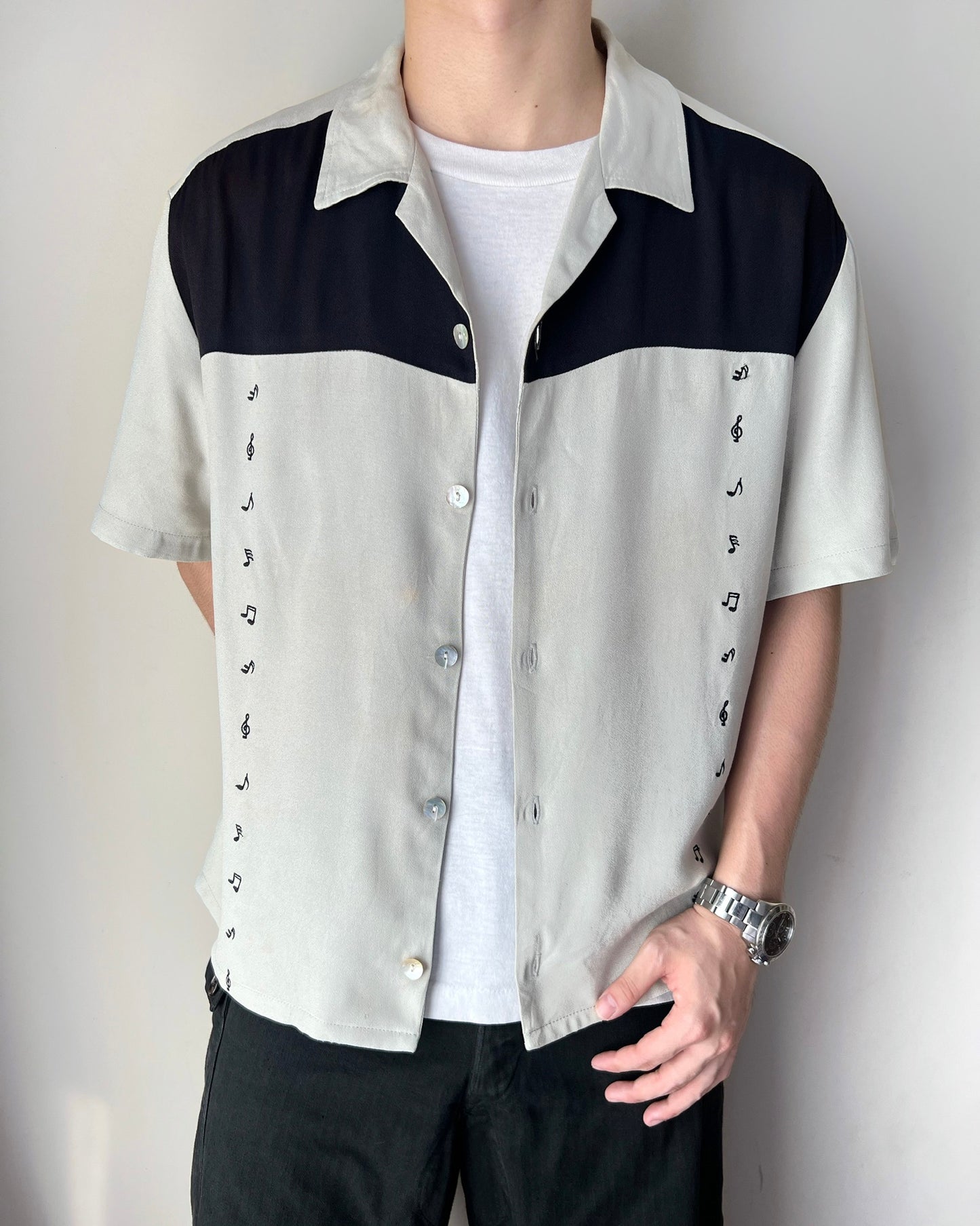 1960S MUSICAL NOTE ROCKABILLY RAYON SHIRT (L)