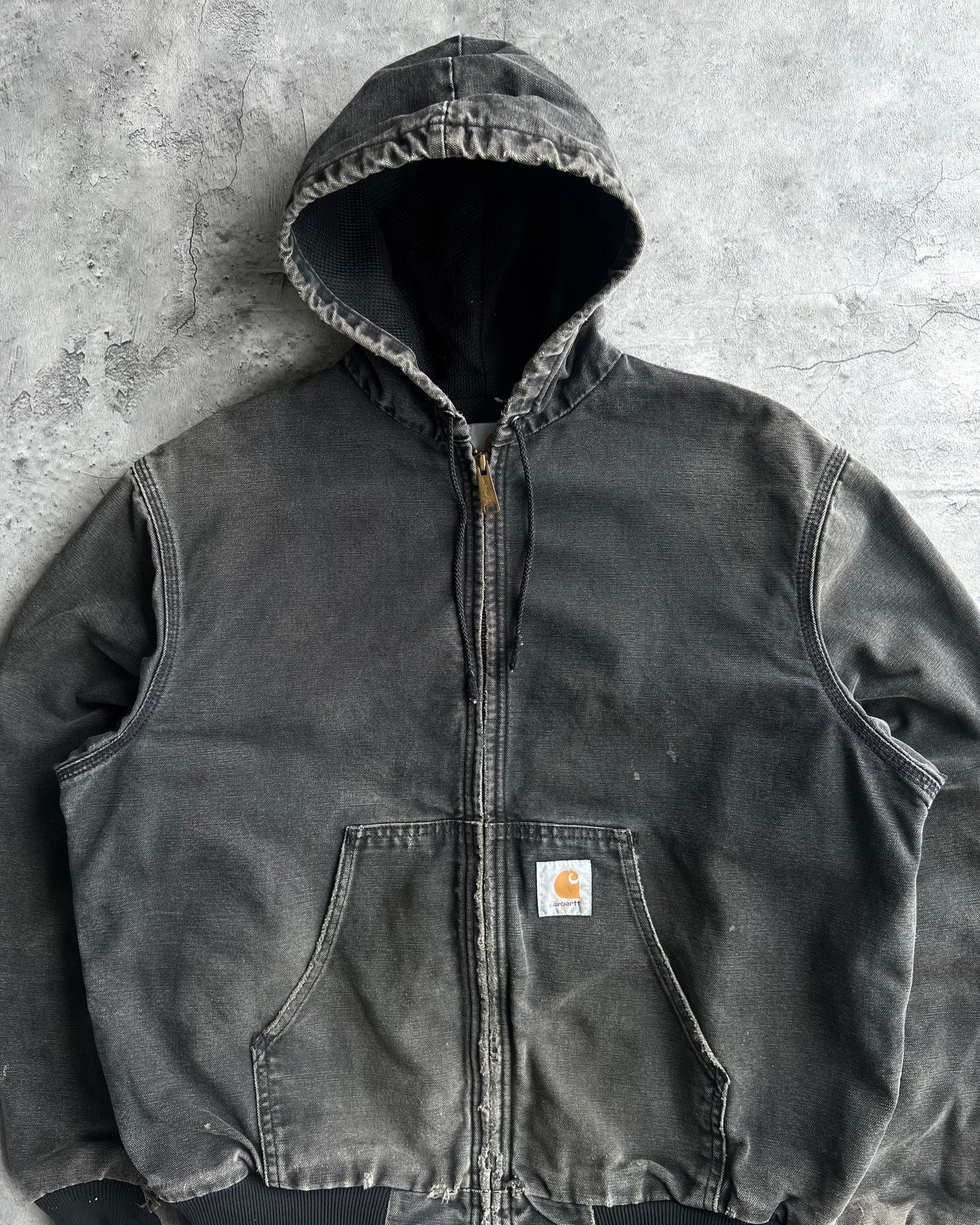1990S FADED BLACK CARHARTT HOODED WORK JACKET (L)
