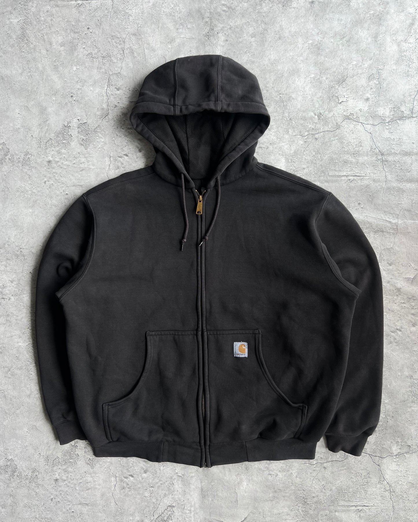 1990S BLACK HEAVYWEIGHT CARHARTT LOGO ZIP-UP HOODIE (L)