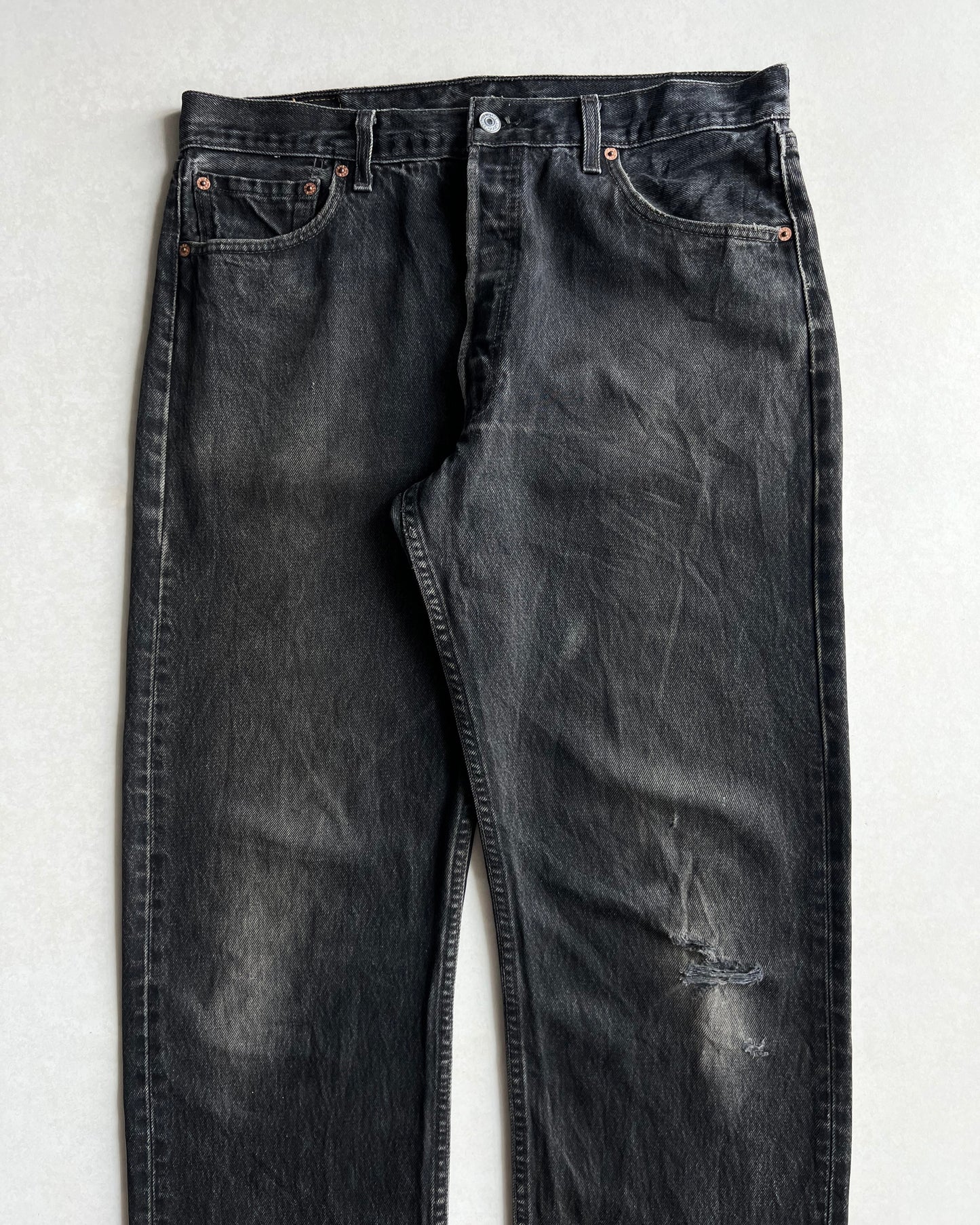 1990S FADED BLACK LEVI'S 501 DISTRESSED JEANS (36X36)