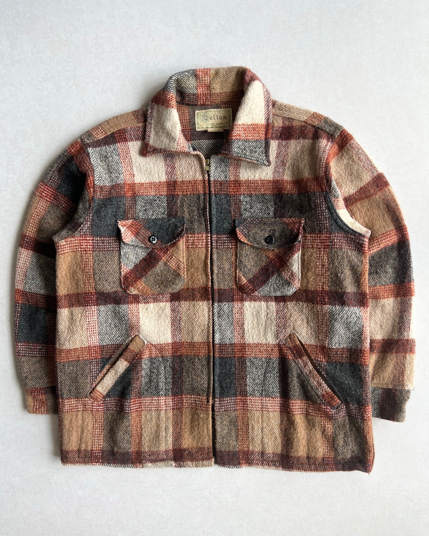 1980S MELTON ZIP-UP PLAID FLANNEL JACKET (L)
