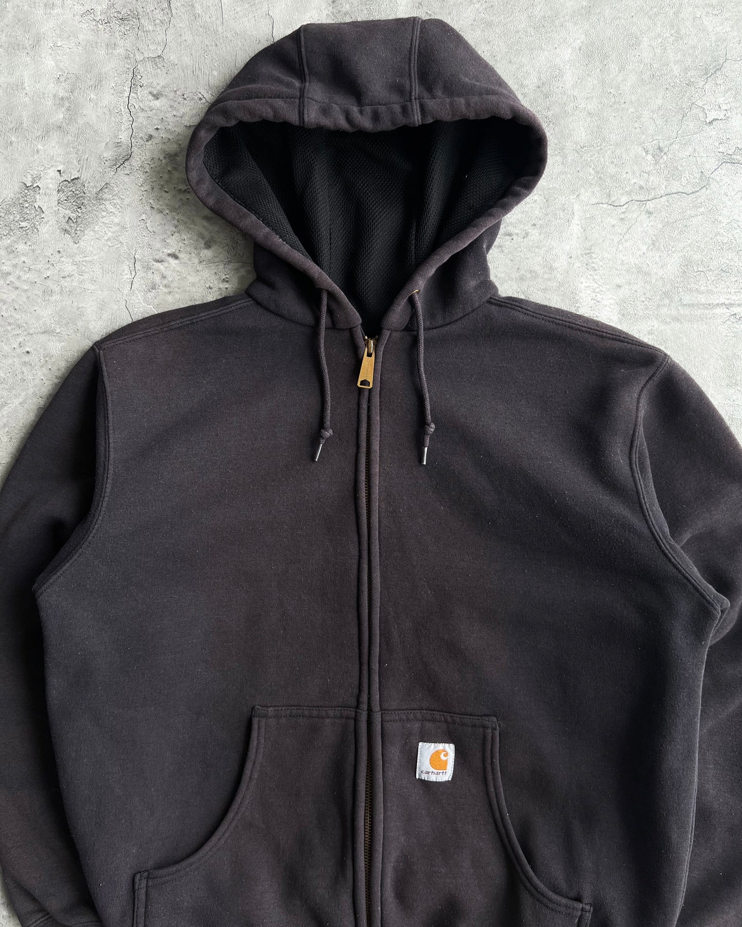 1990S FADED BLACK CARHARTT HEAVYWEIGHT LOGO ZIP-UP HOODIE (M/L)