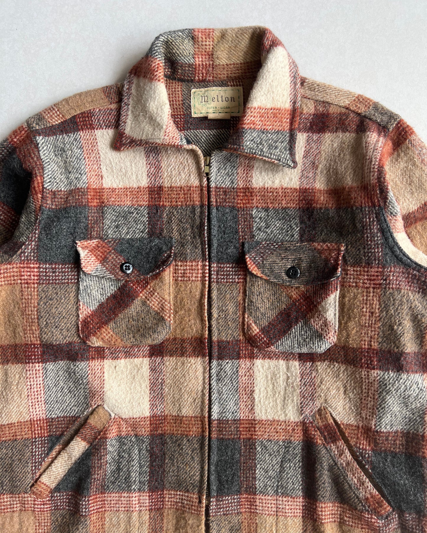 1980S MELTON ZIP-UP PLAID FLANNEL JACKET (L)
