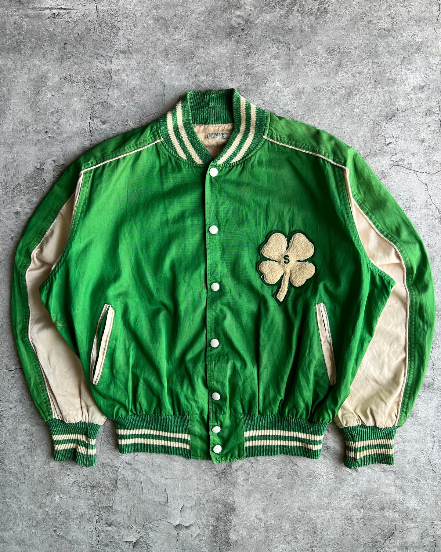 1950S GREEN SATIN FOUR LEAFS VARSITY JACKET (L)