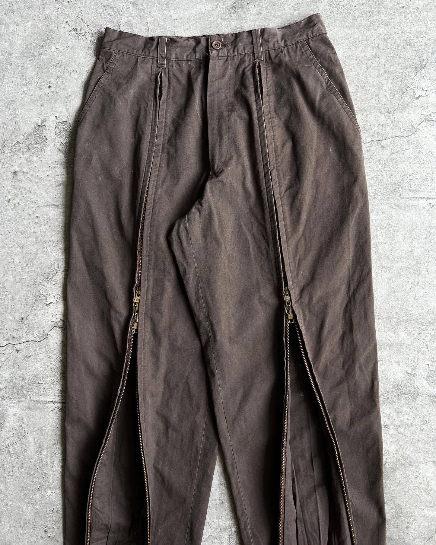 1980S BROWN ISSEY MIYAKE DUAL ZIPPER PARACHUTE TROUSERS (29-31)