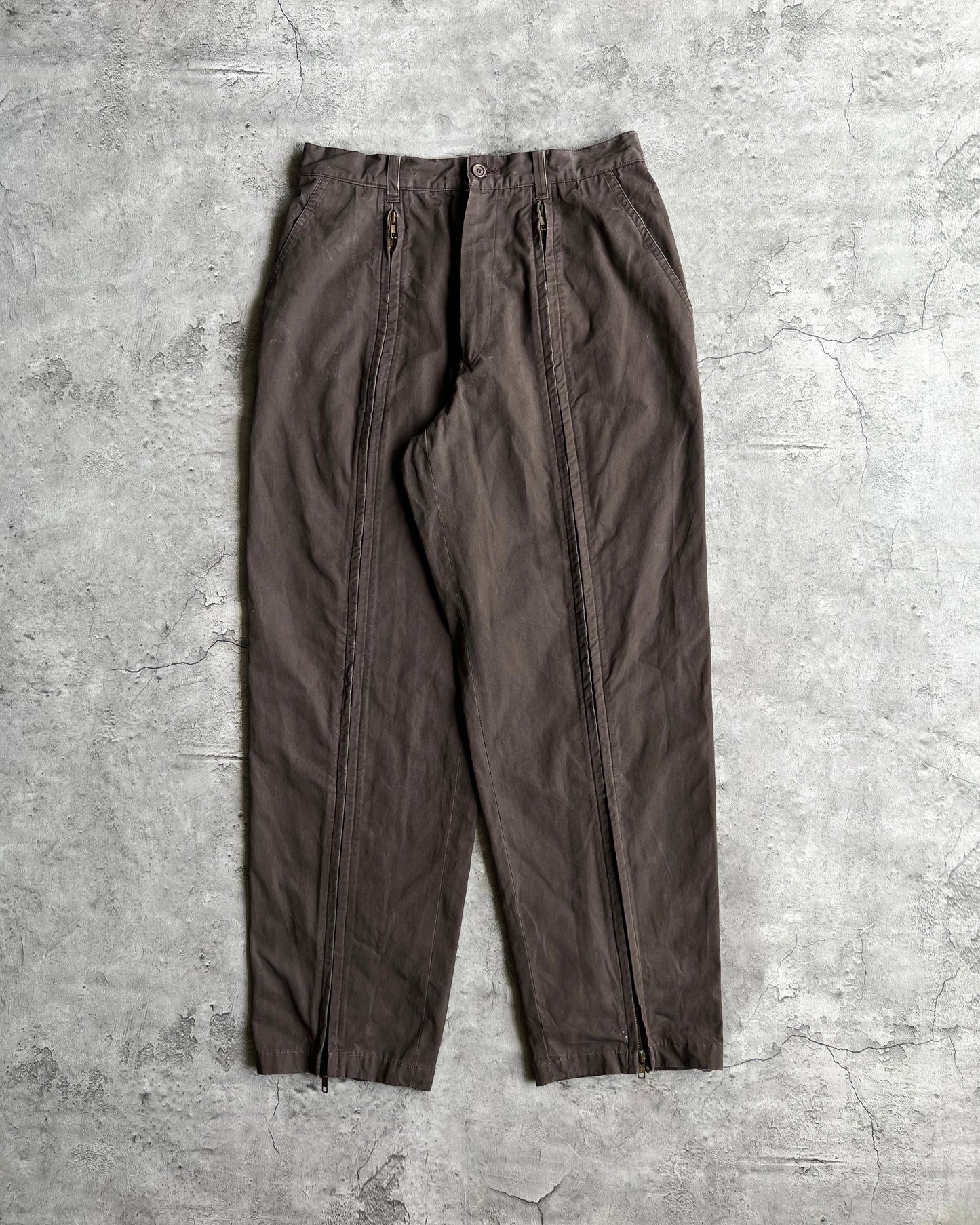 1980S BROWN ISSEY MIYAKE DUAL ZIPPER PARACHUTE TROUSERS (29-31)