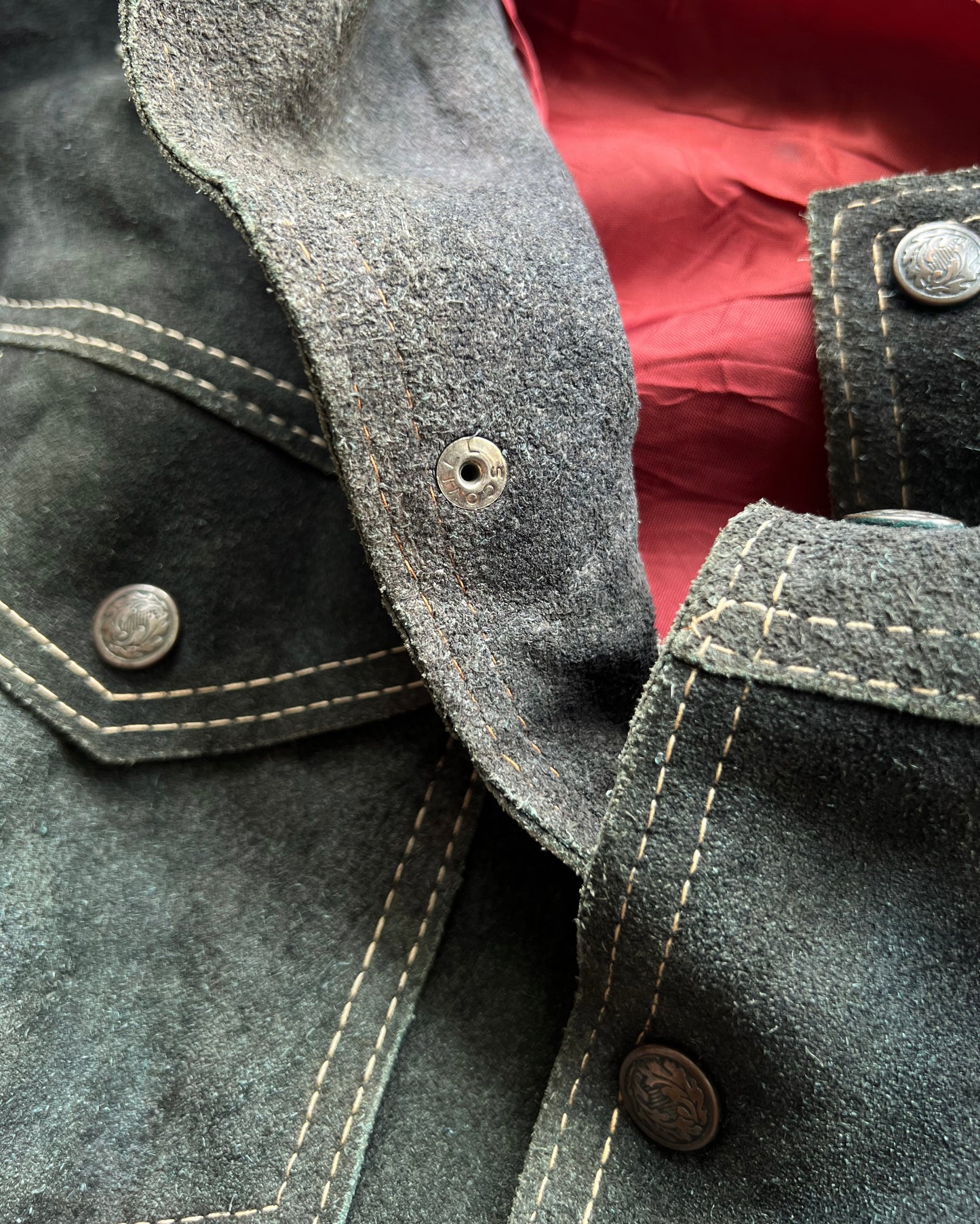 1970S MOSS GREEN SUEDE TRUCKER JACKET (M)