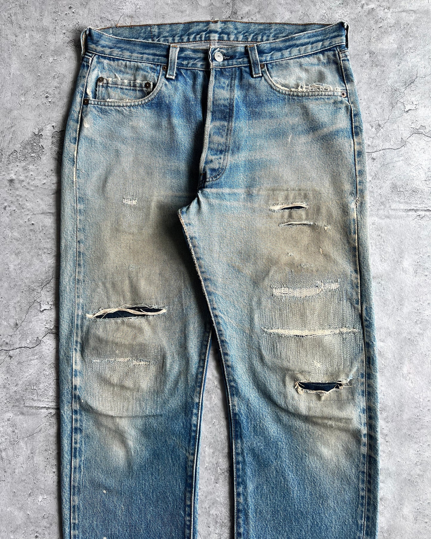 1980S FADED WASHED LEVI'S 501 REDLINE SELVEGDE REPAIRED JEANS (34X32)