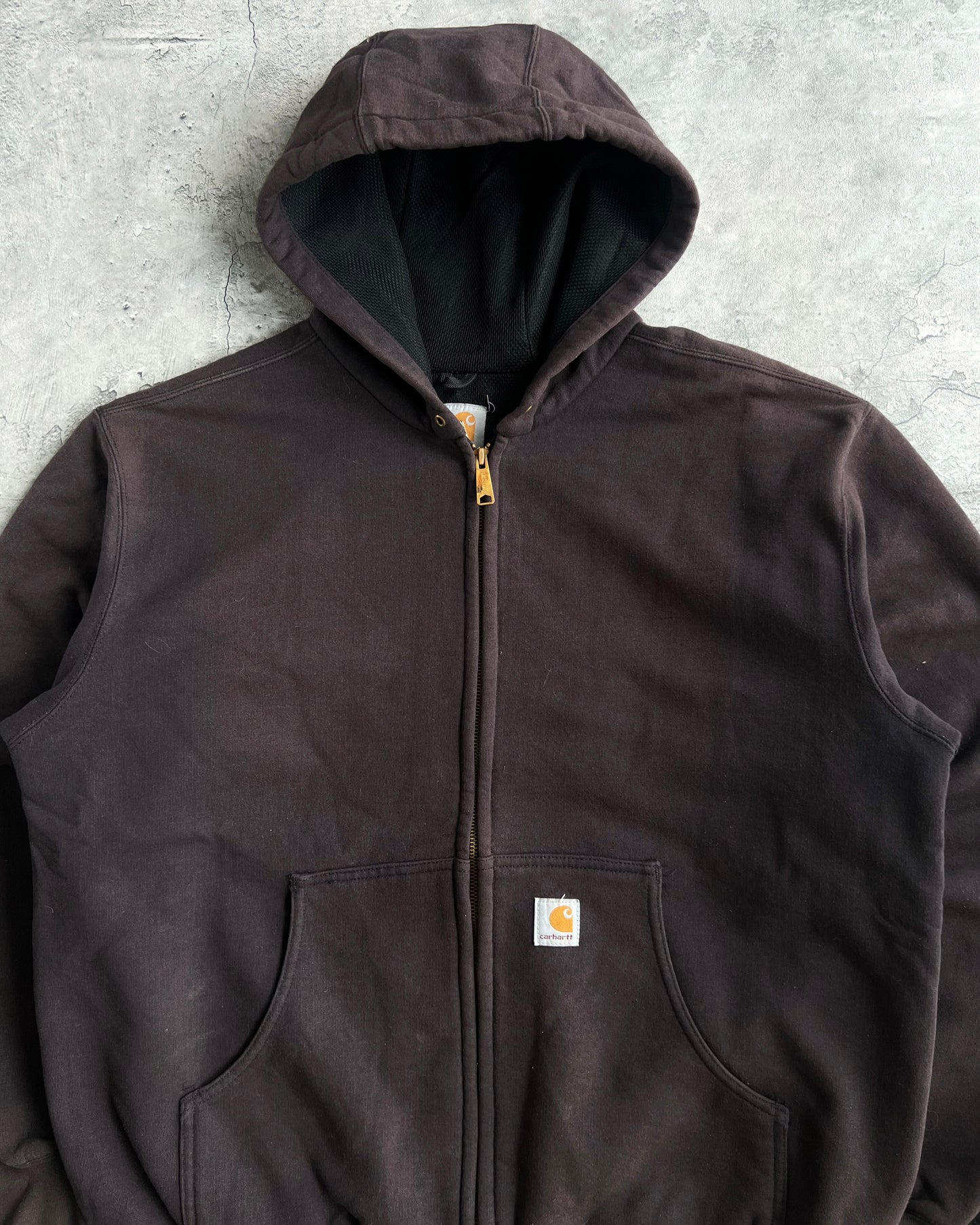 1990S SUN FADED BLACK HEAVYWEIGHT CARHARTT LOGO ZIP-UP HOODIE (L)