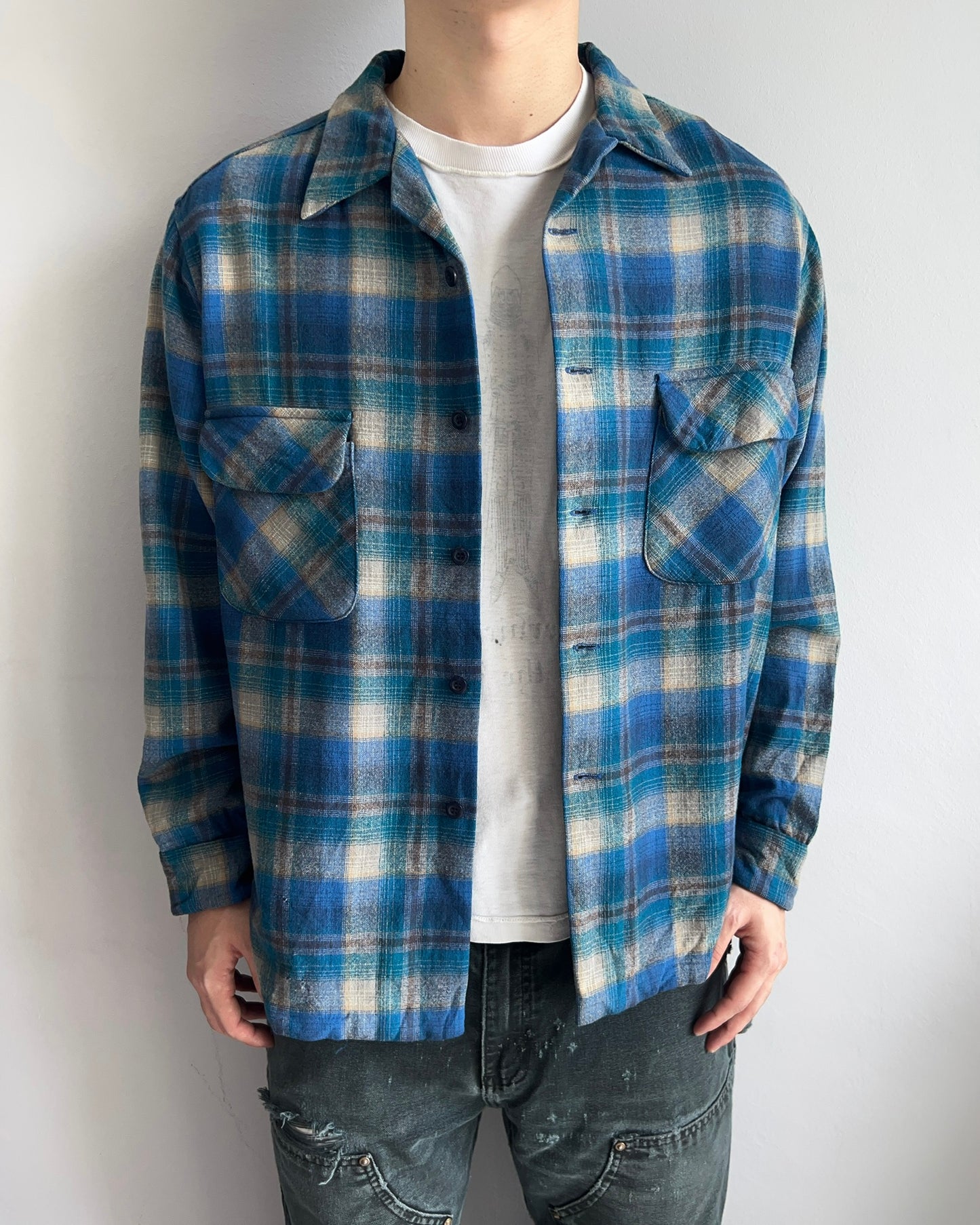 1980S PENDLETON DOUPLE POCKET WOOL PLAID FLANNEL (XL)