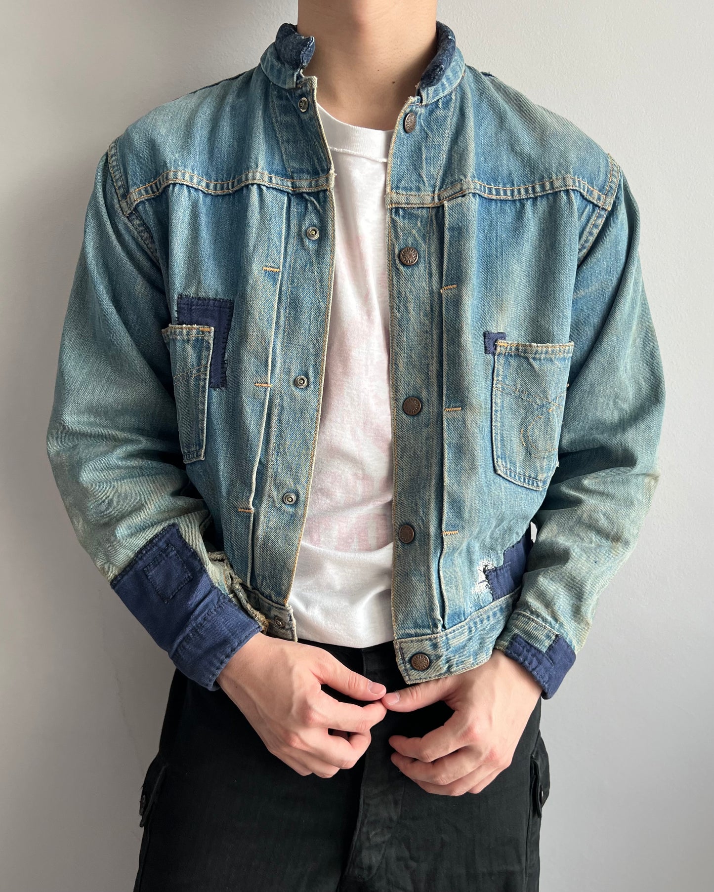 1960S FADED PATCHED TYPE II SELVEDGE DENIM JACKET (M)