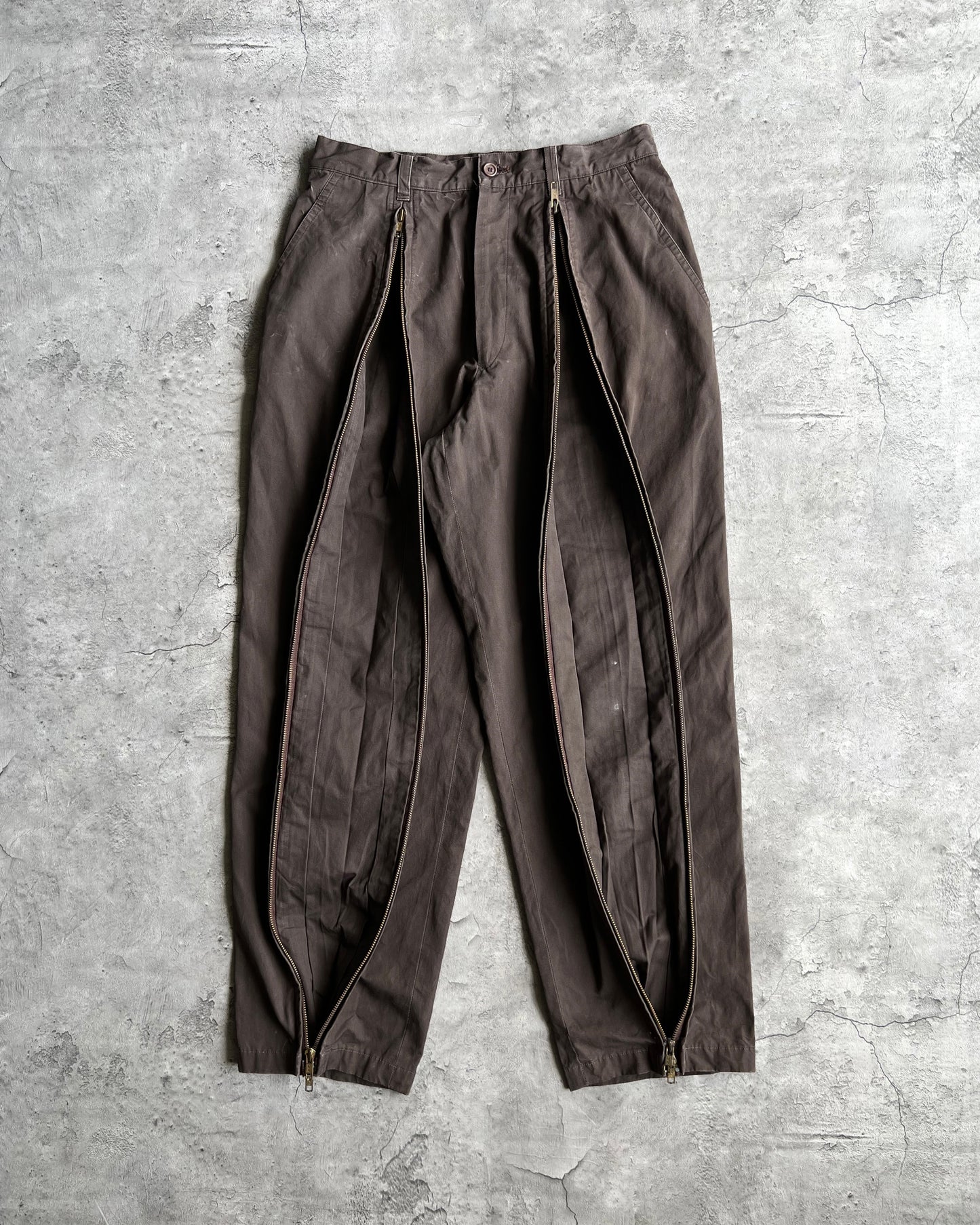 1980S BROWN ISSEY MIYAKE DUAL ZIPPER PARACHUTE TROUSERS (29-31)