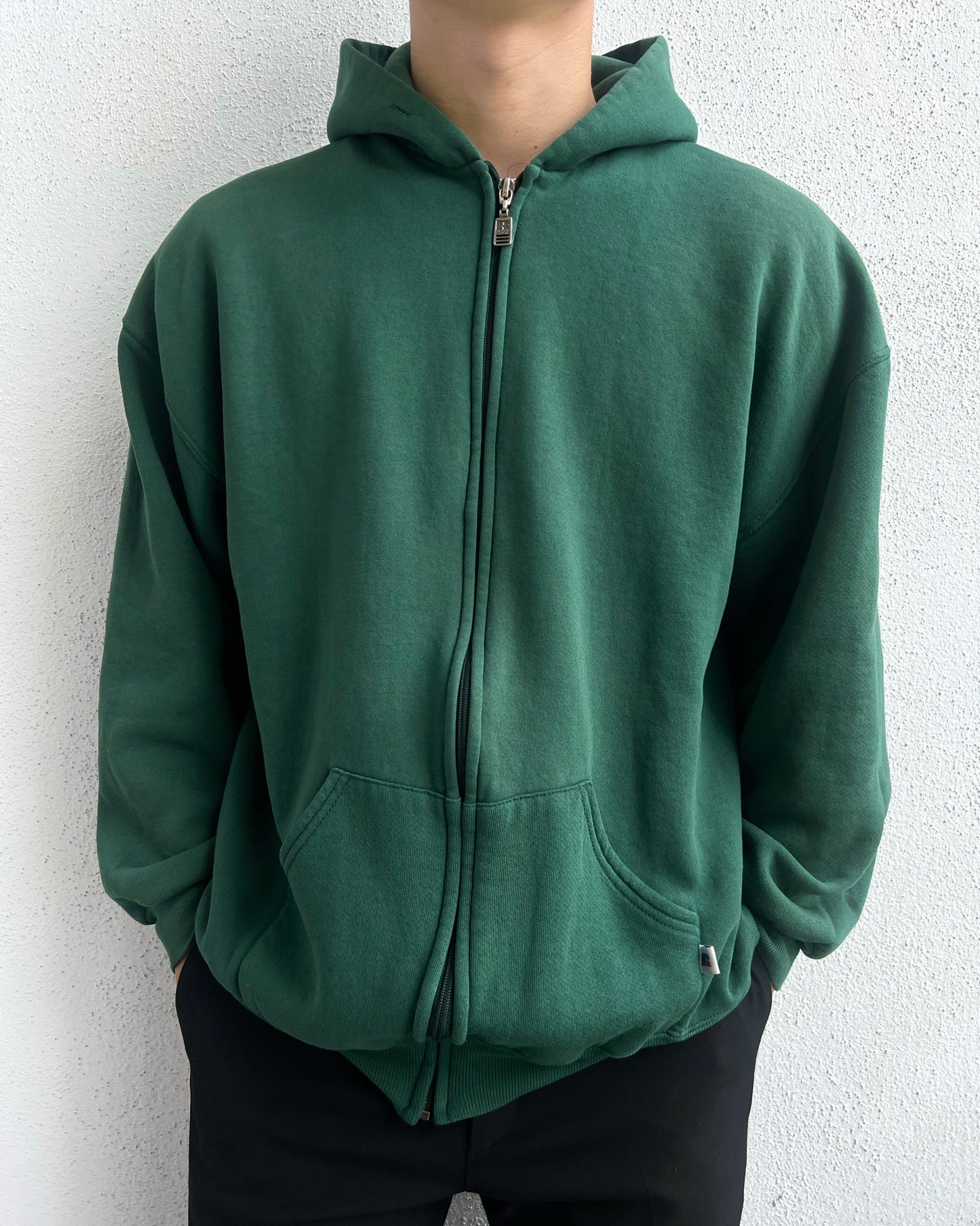 1990S RUSSELL EMERALD GREEN BLANK ZIP-UP HOODIE (L)