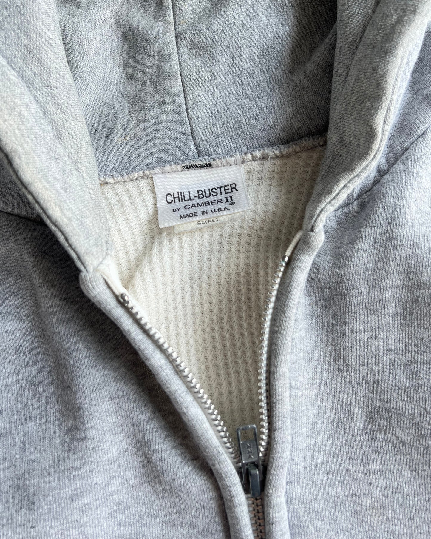1990S GREY THERMAL LINED ZIP-UP RAGLAN HOODIE (S/M)