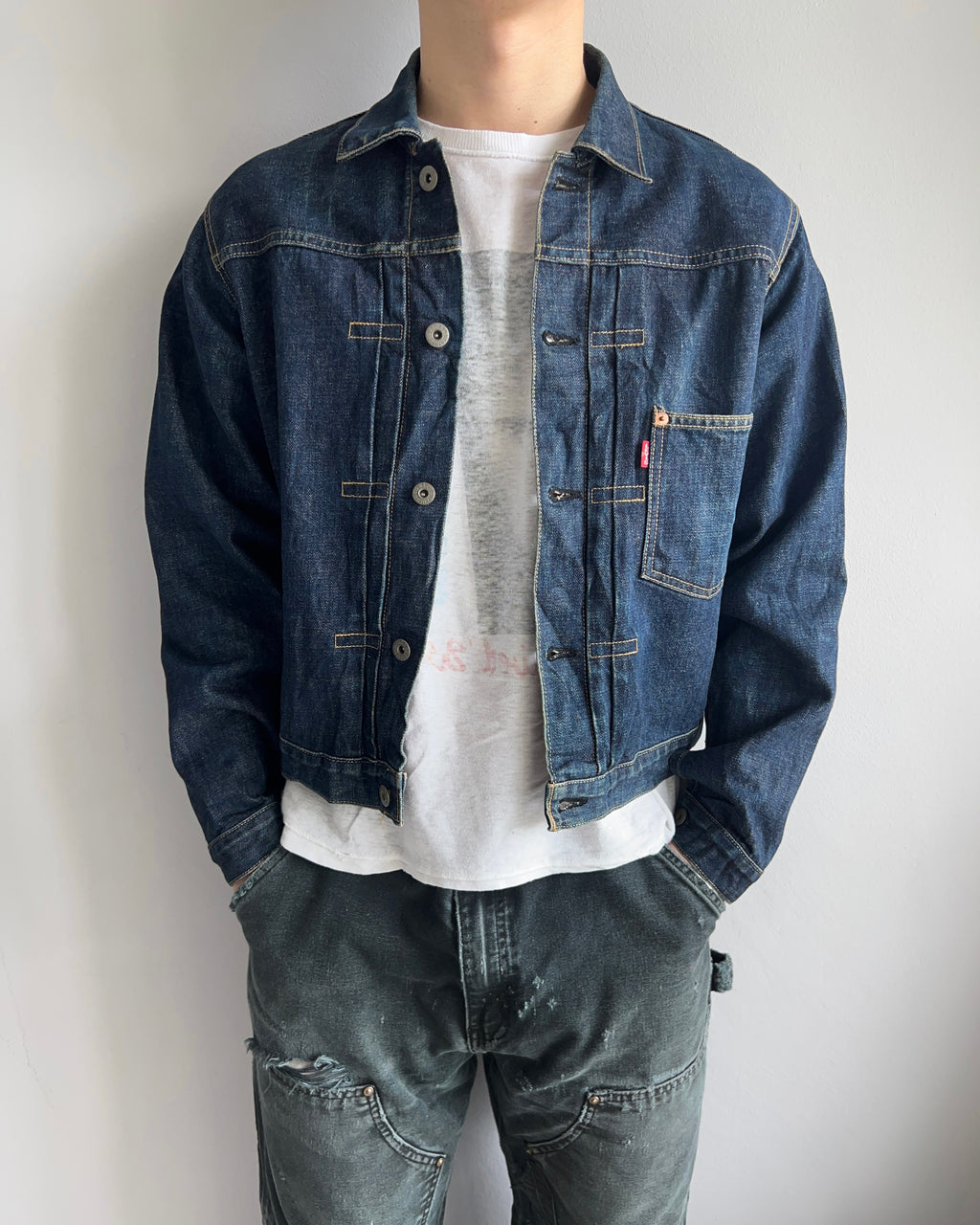 1990S DARK WASHED BIG E LEVI'S TYPE I SELVEDGE DENIM JACKET (M)