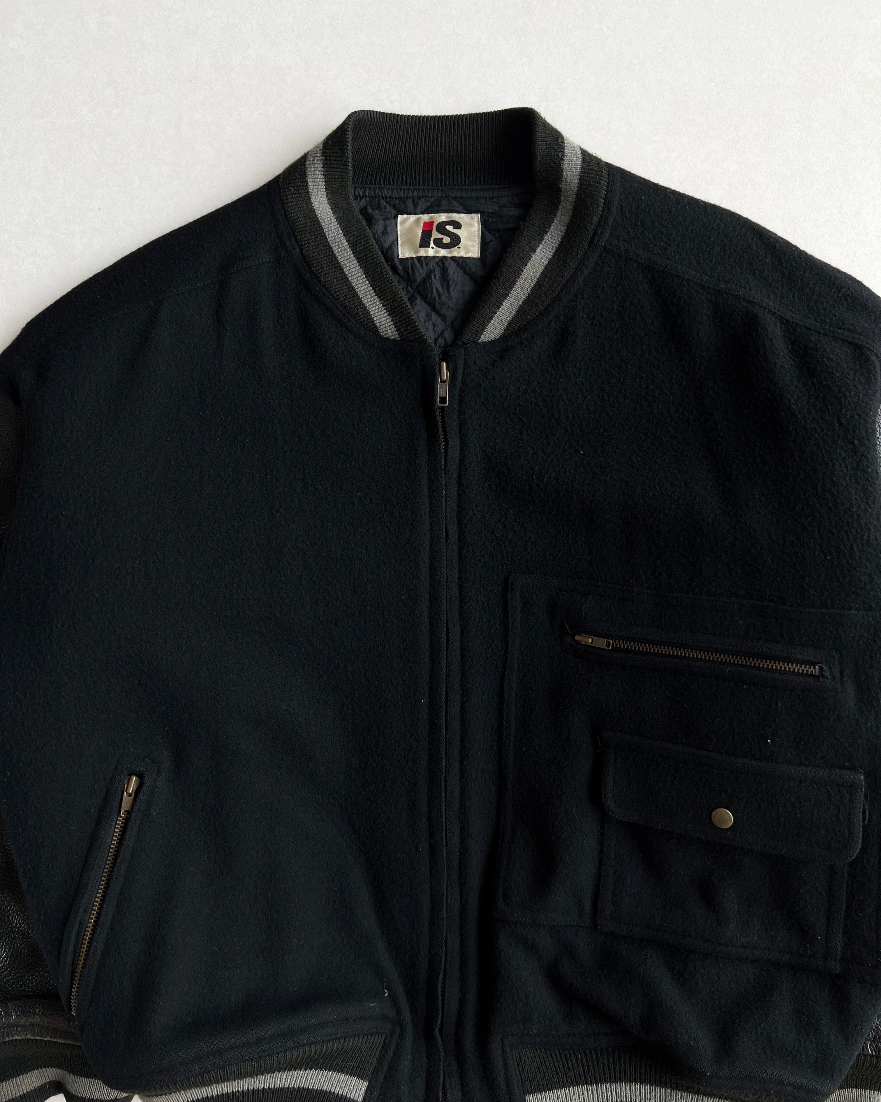 1980S ISSEY MIYAKE SPORT BLACK LEATHER SLEEVE VARSITY JACKET (M)