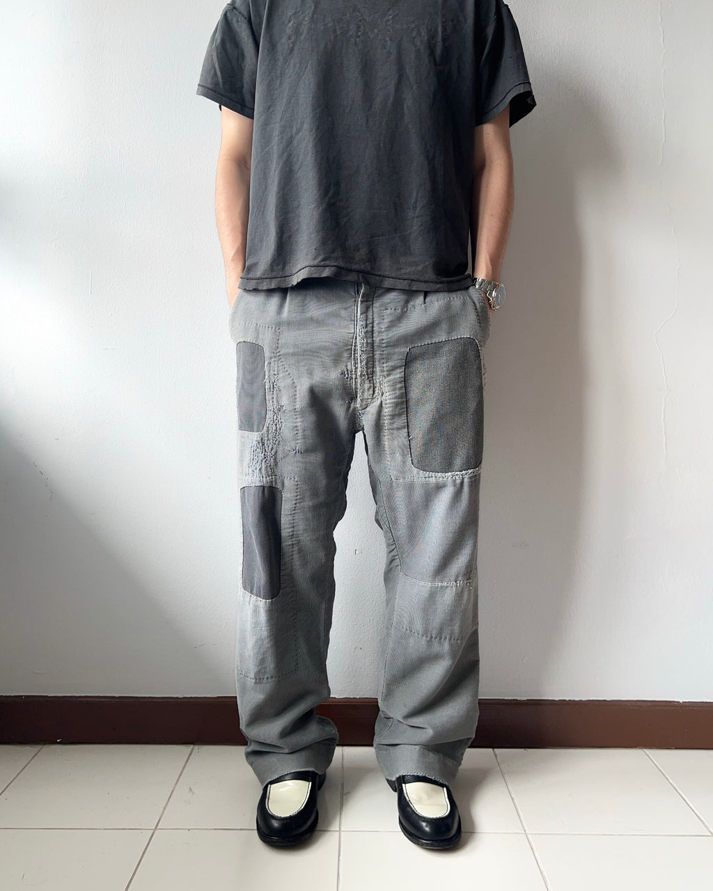 1950S FRENCH STRIPES REPAIRED WORK TROUSERS (34)