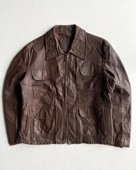 1970S BROWN WESTERN ZIP-UP LEATHER JACKET (L)