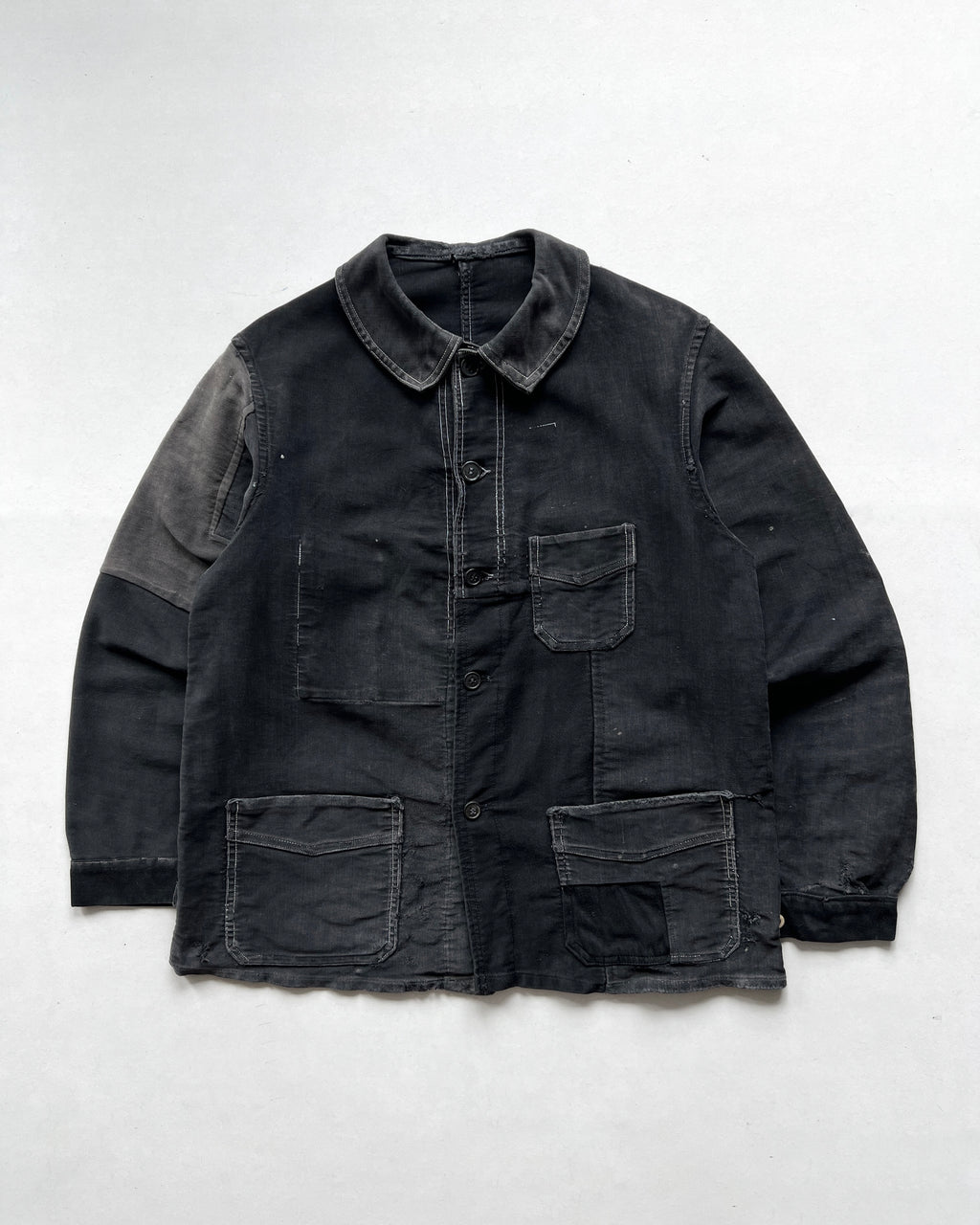 1940S BLACK FRENCH MOLESKIN REPAIRED WORK JACKET (L)