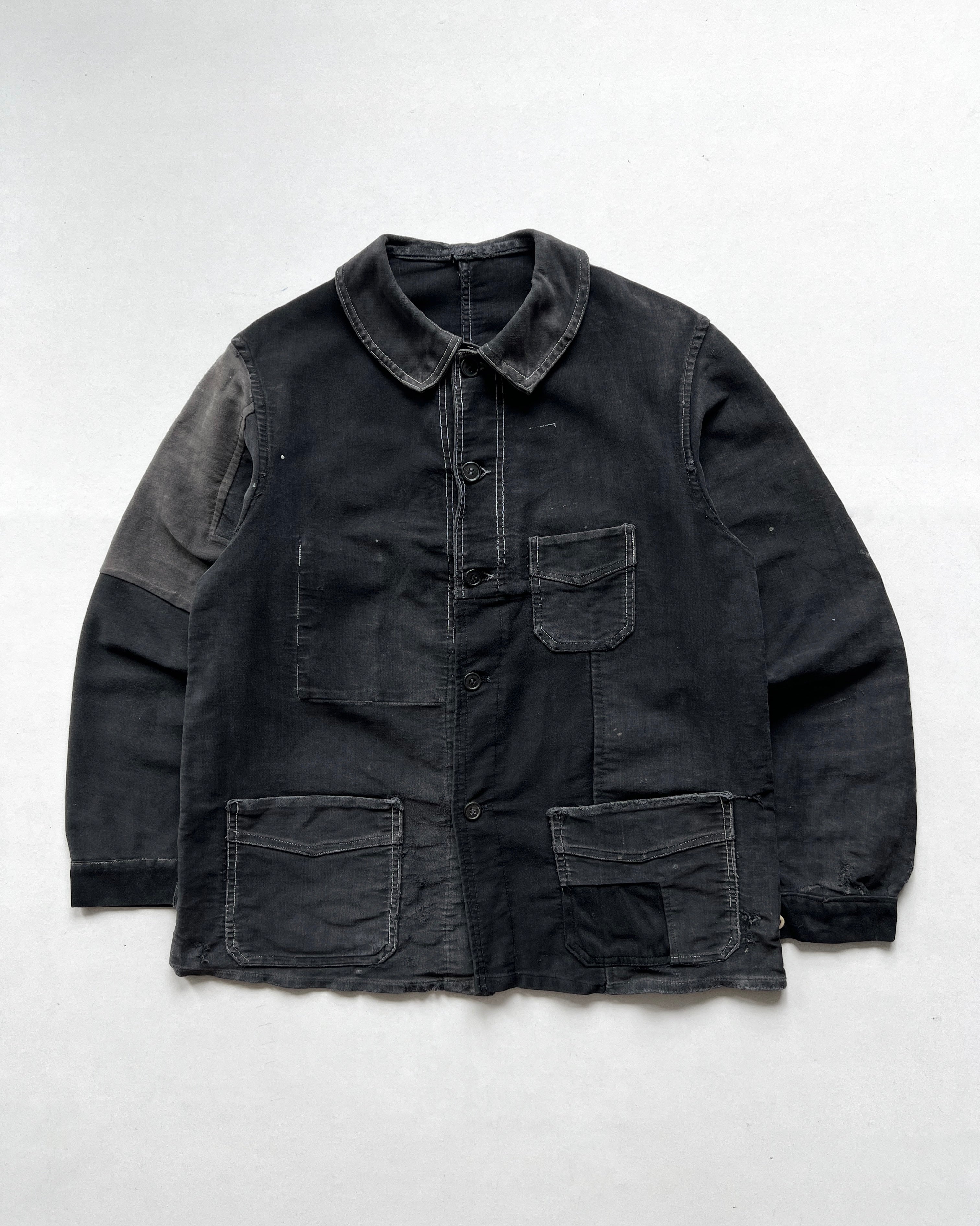 1940S BLACK FRENCH MOLESKIN REPAIRED WORK JACKET (L)