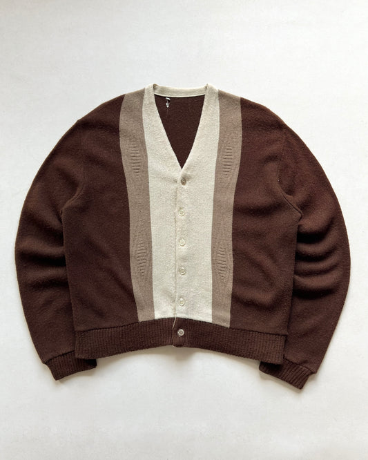 1960S BROWN THREE-TONE ACRYLIC CARDIGAN (L)