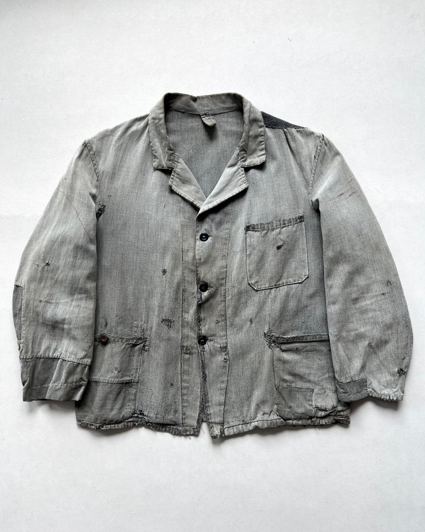 1930S FRENCH SALT AND PEPPER REPAIRED WORK JACKET (L)