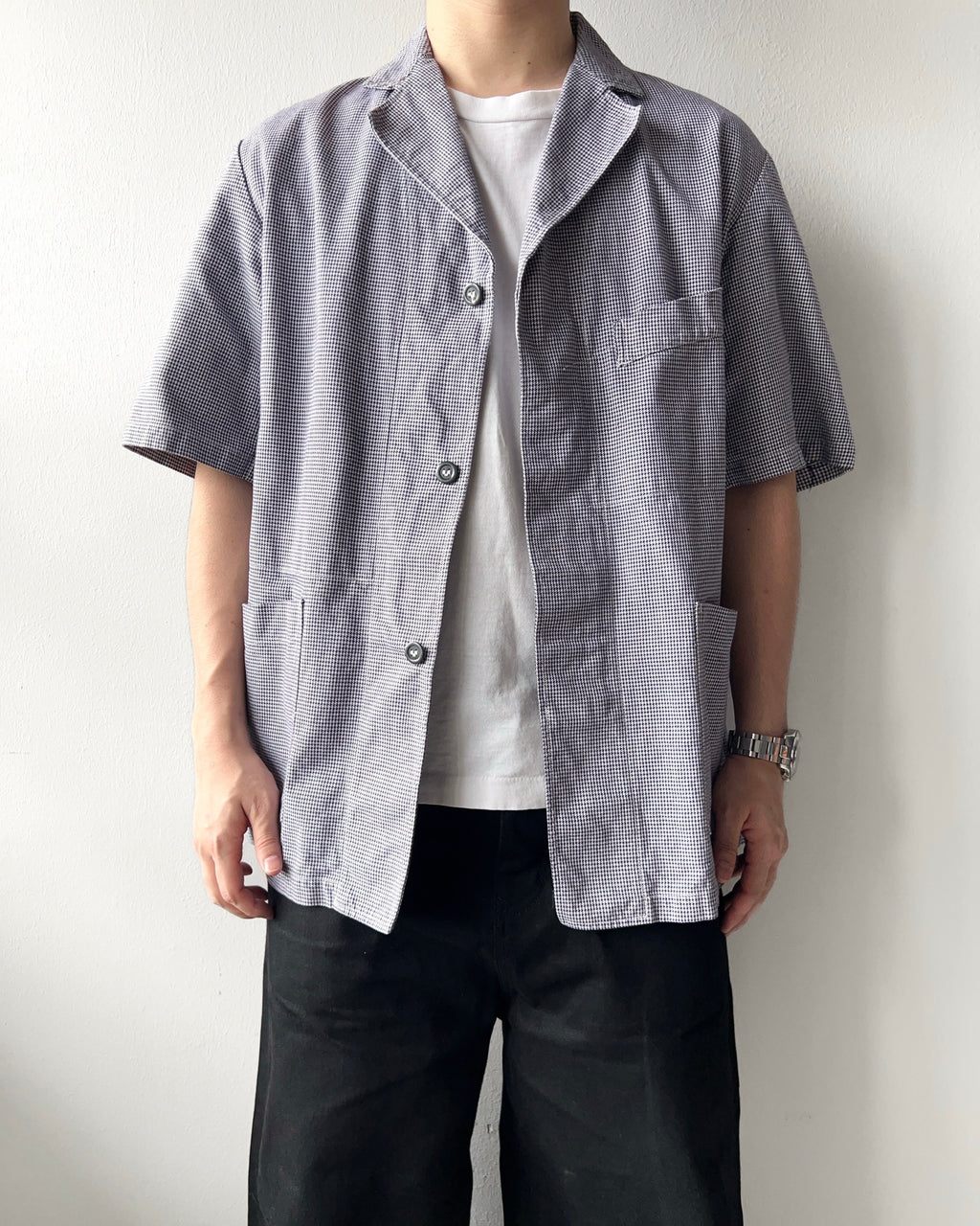 1960S BRAGARD FRENCH HOUNDSTOOTH SHORT SLEEVES SHIRT (L)